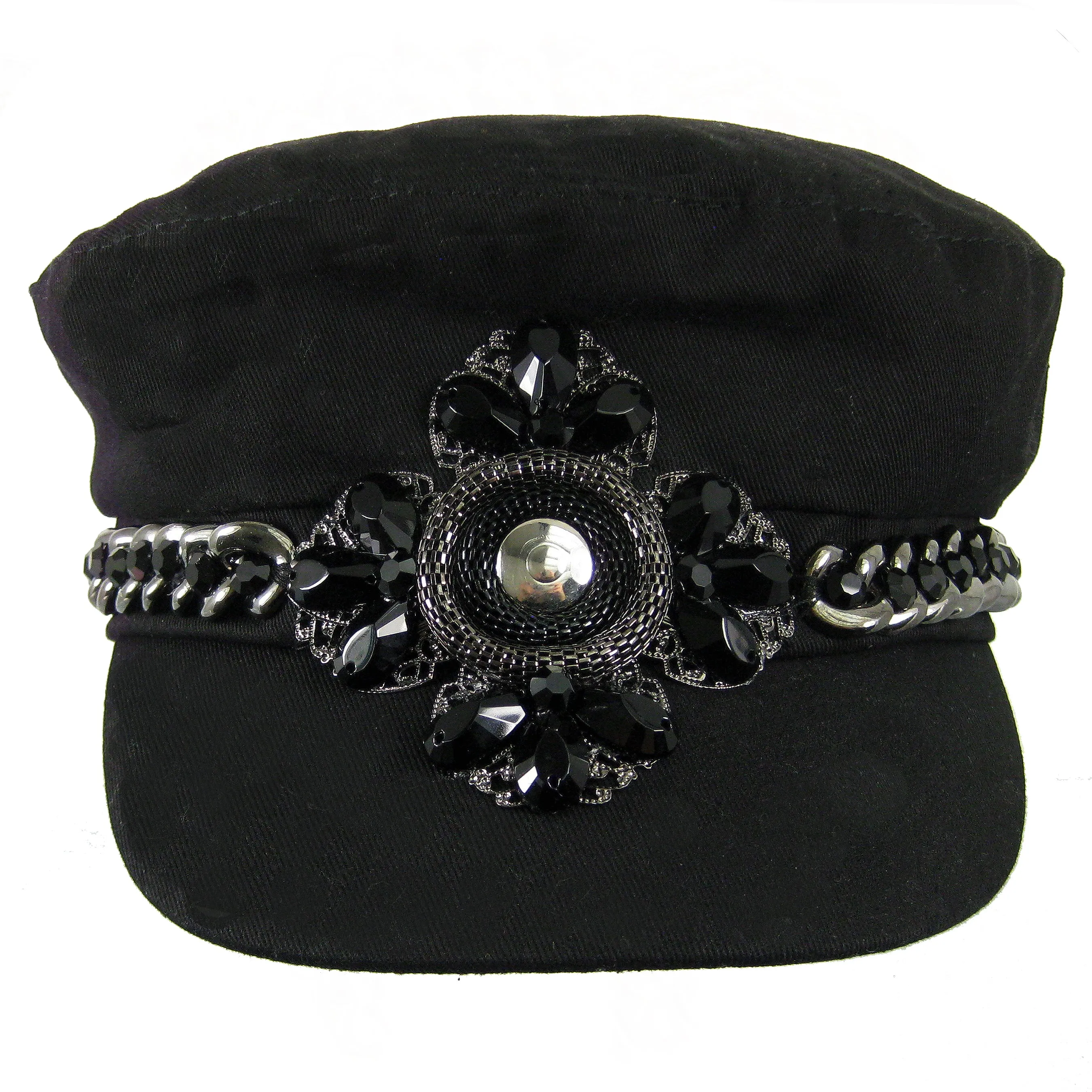 #1008h Black Newsboy Cap With Gunmetal Tone Chain, Silver filigree & Jet Embellishment