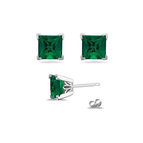 1.17-1.27 Cts of 5 mm AAA Princess Lab Created Emerald Scroll Stud Earrings in 14K White Gold