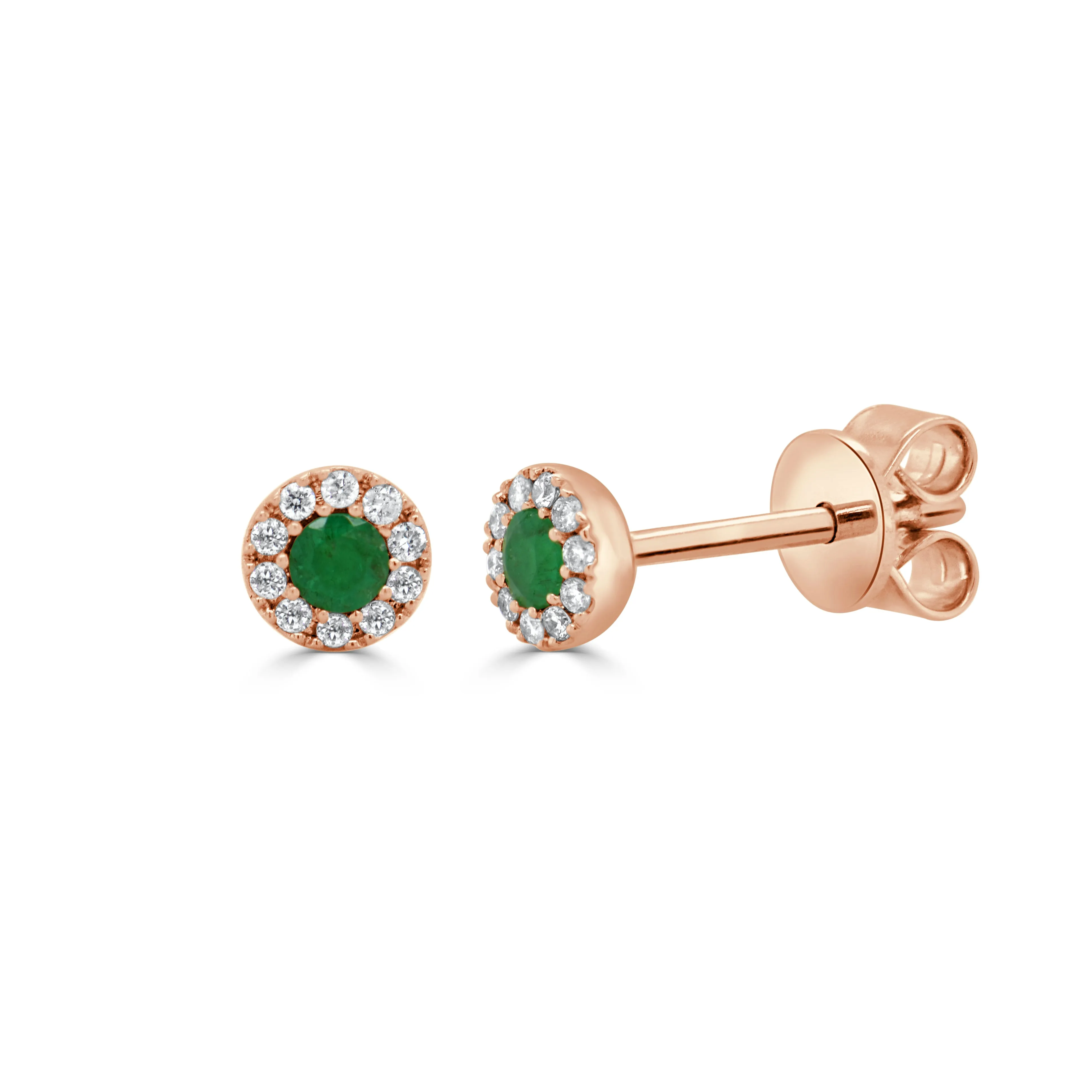 14K Gold Emerald & Diamond Round Stud Earrings