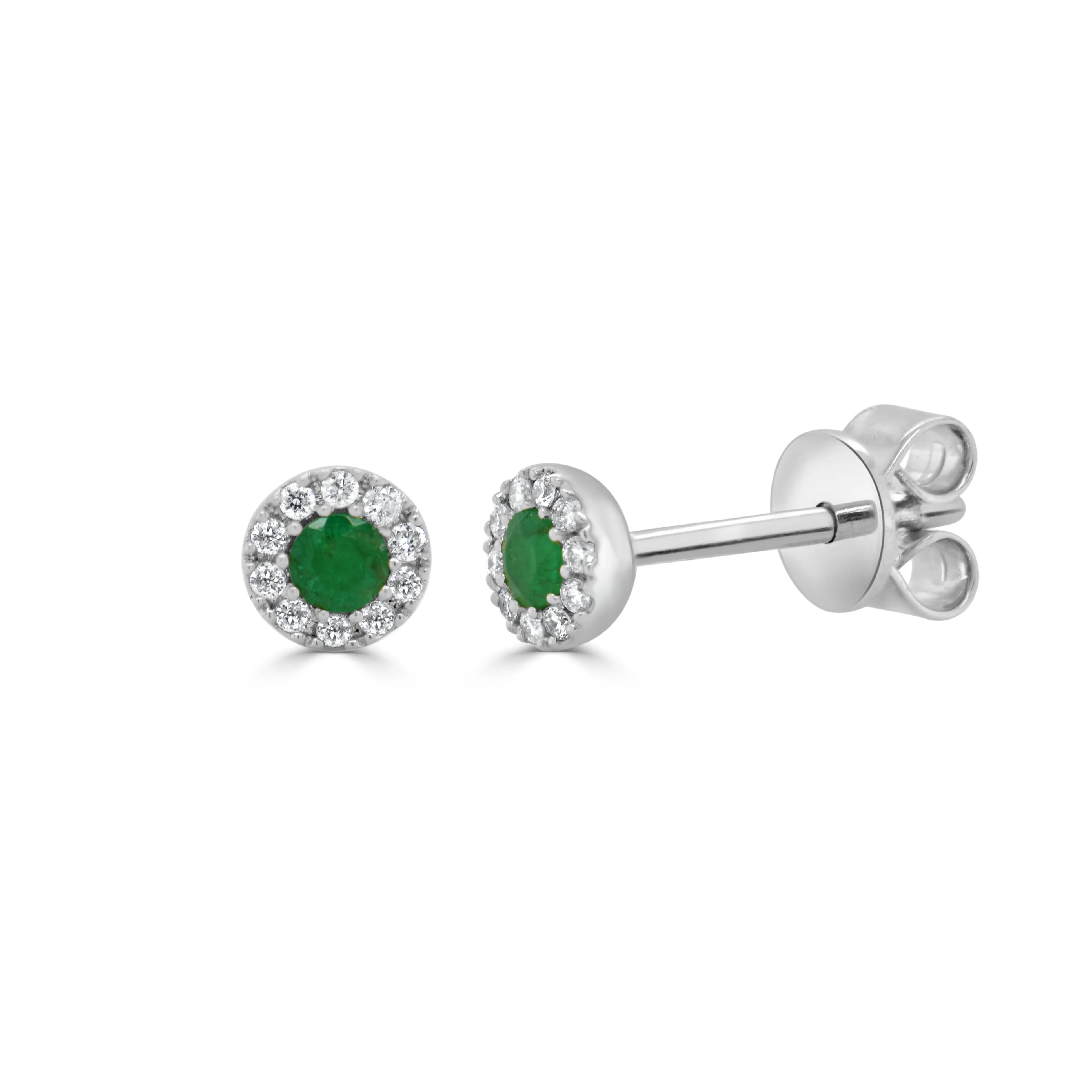 14K Gold Emerald & Diamond Round Stud Earrings