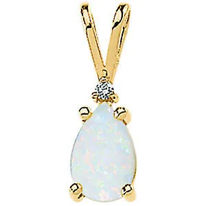 14k Yellow Gold Genuine Opal Pear & Diamond Pendant or Necklace