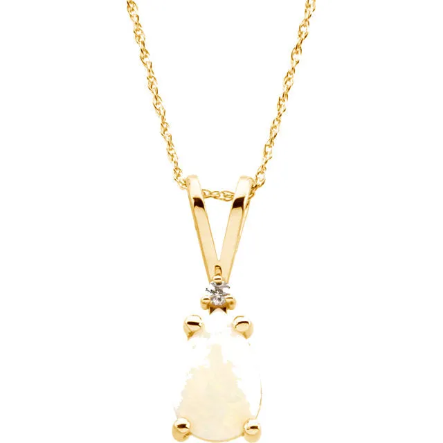 14k Yellow Gold Genuine Opal Pear & Diamond Pendant or Necklace