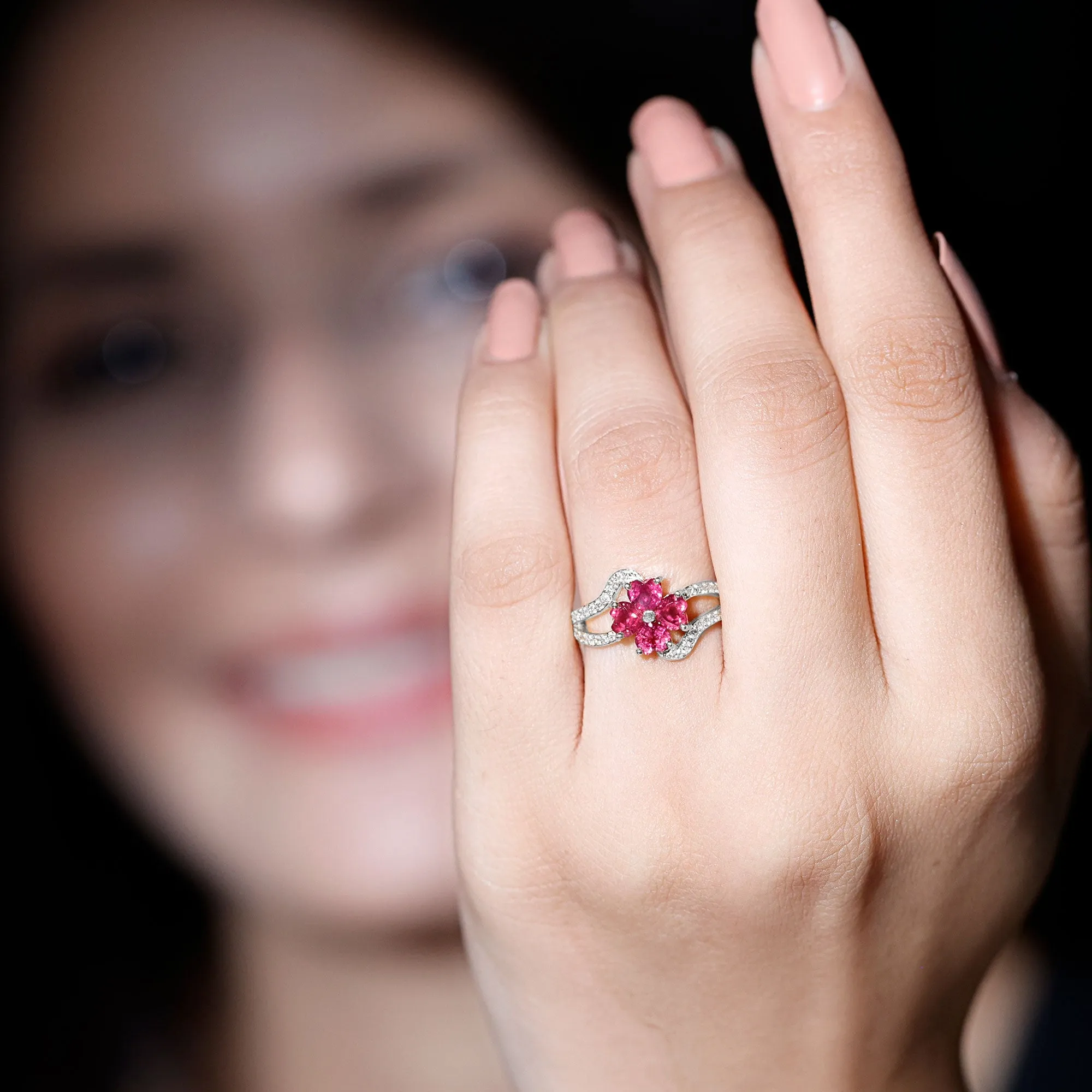 2 CT Heart Ruby Floral Engagement Ring with Split Shank Diamond