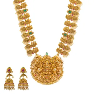 22K Yellow Gold, Gem, CZ, and Pearl Temple Necklace Set (153.11gm)