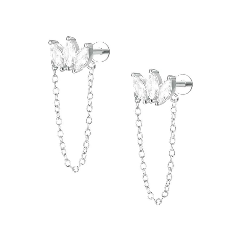 925 Silver Three Rhombus Tassel CZ Diamond Flat Back Earrings