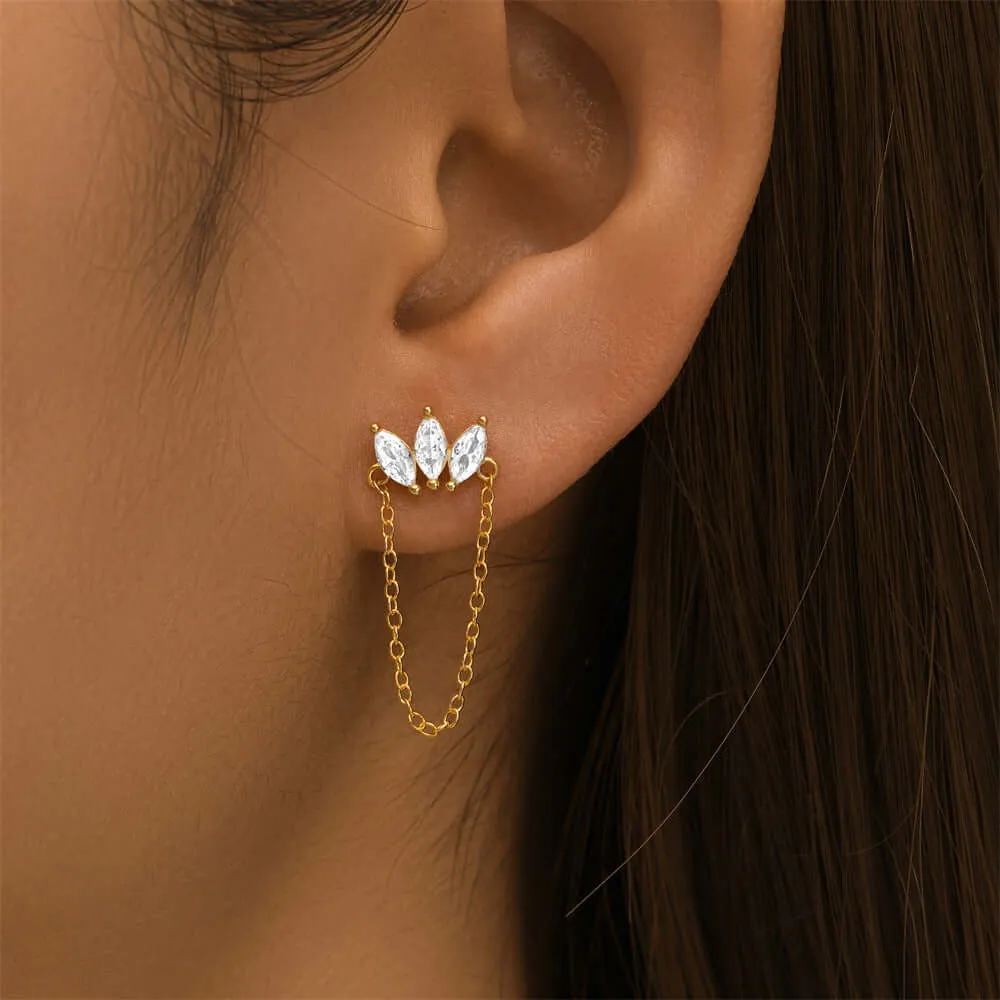 925 Silver Three Rhombus Tassel CZ Diamond Flat Back Earrings