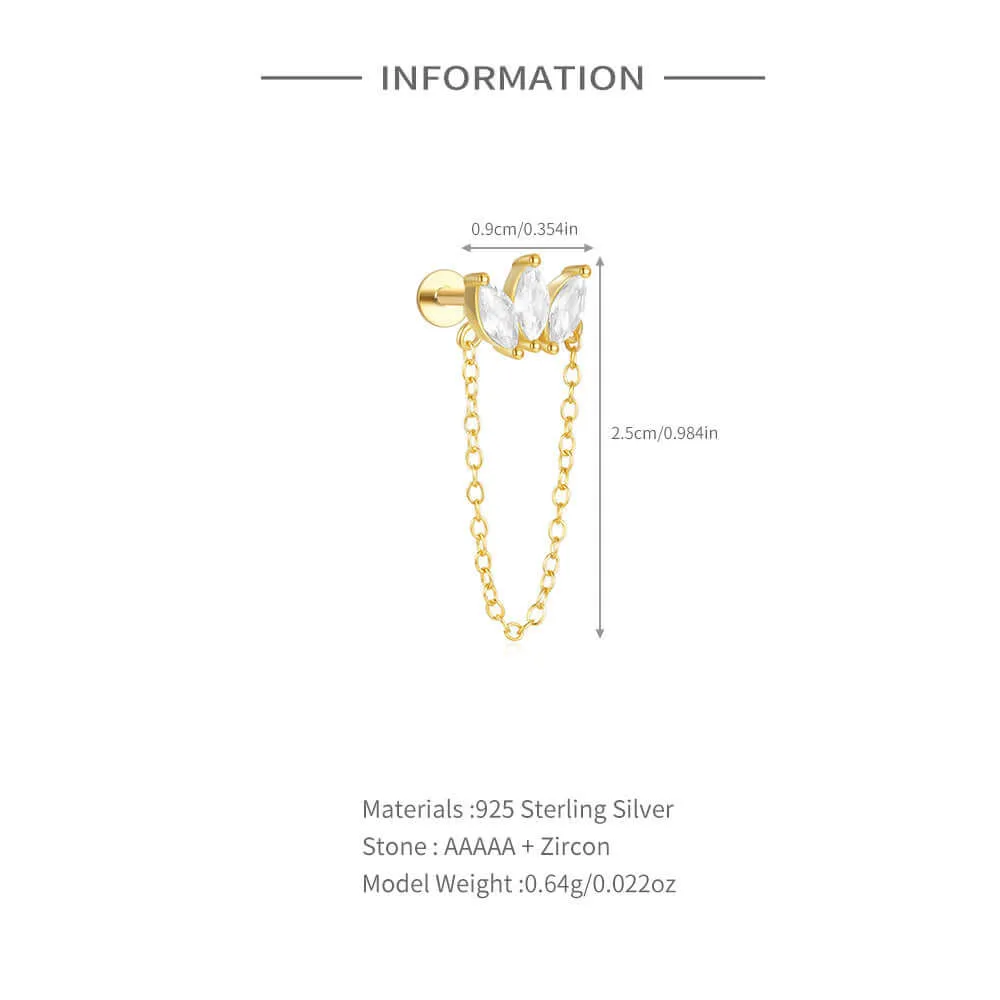 925 Silver Three Rhombus Tassel CZ Diamond Flat Back Earrings
