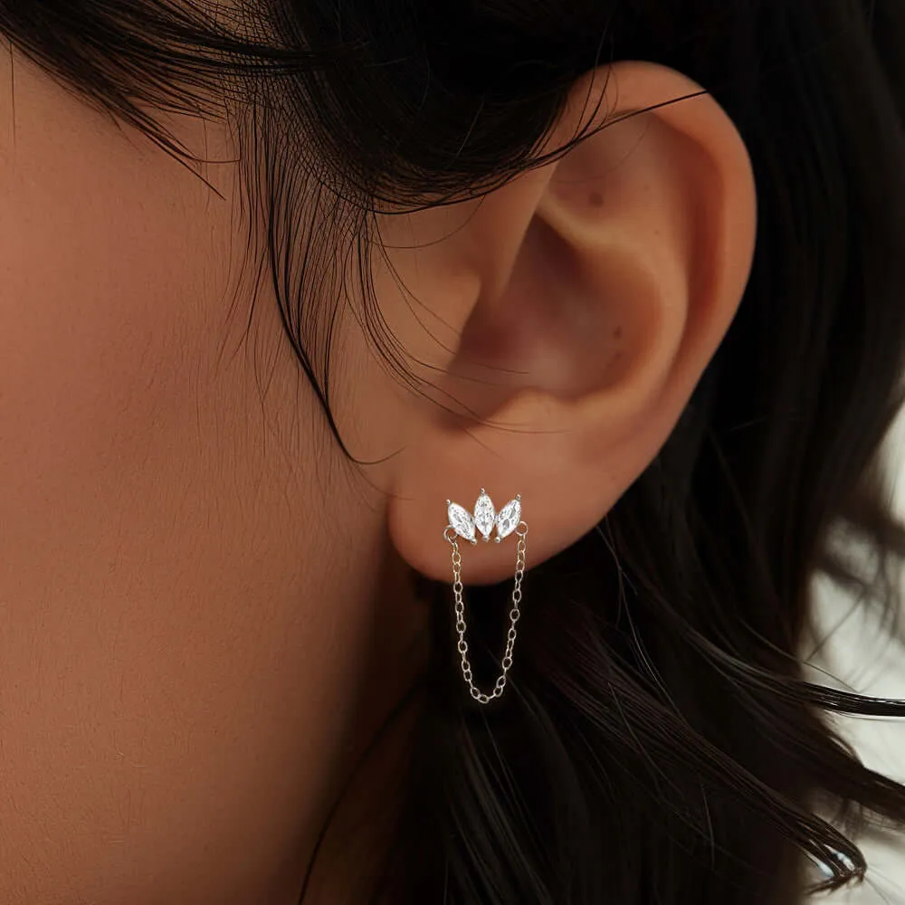 925 Silver Three Rhombus Tassel CZ Diamond Flat Back Earrings