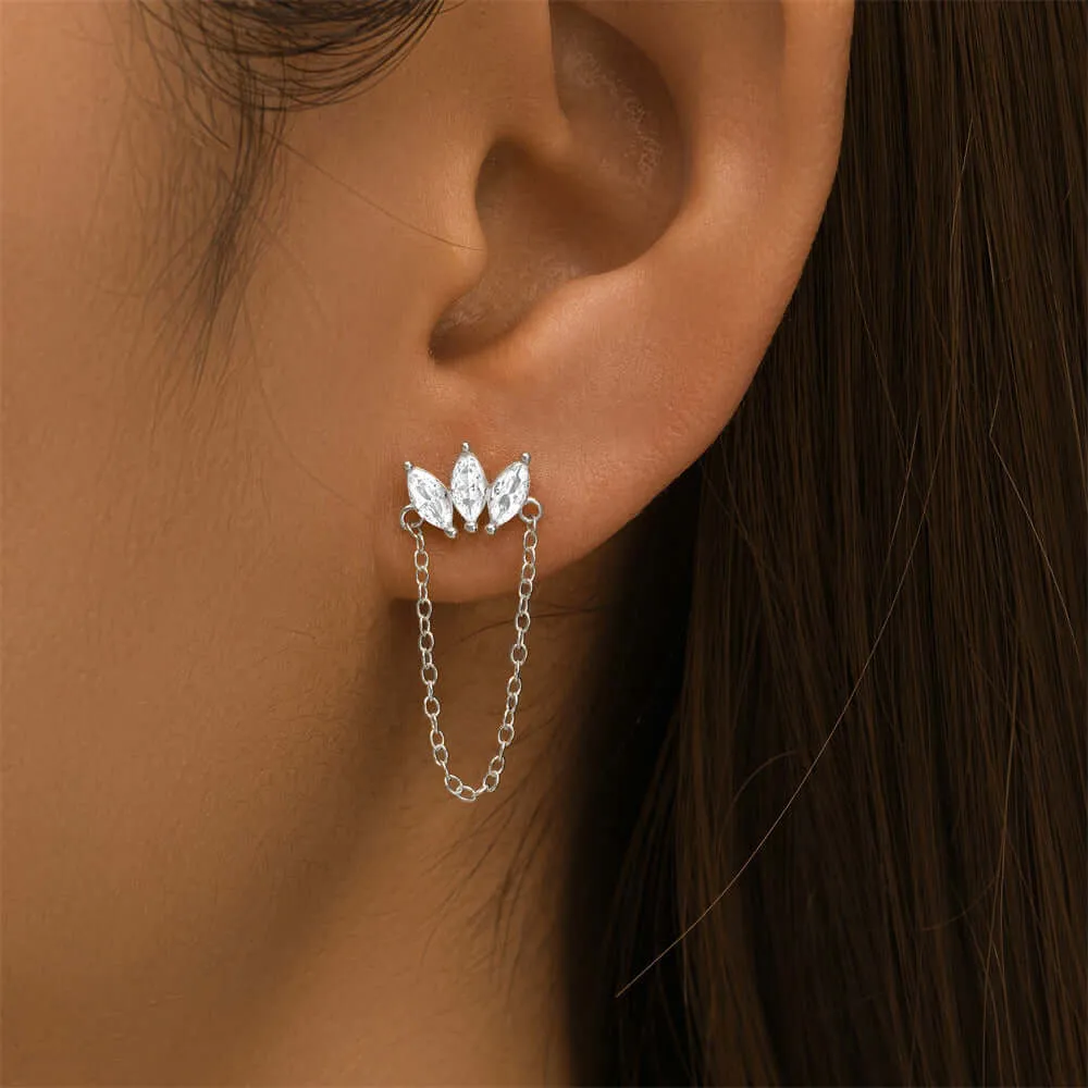 925 Silver Three Rhombus Tassel CZ Diamond Flat Back Earrings