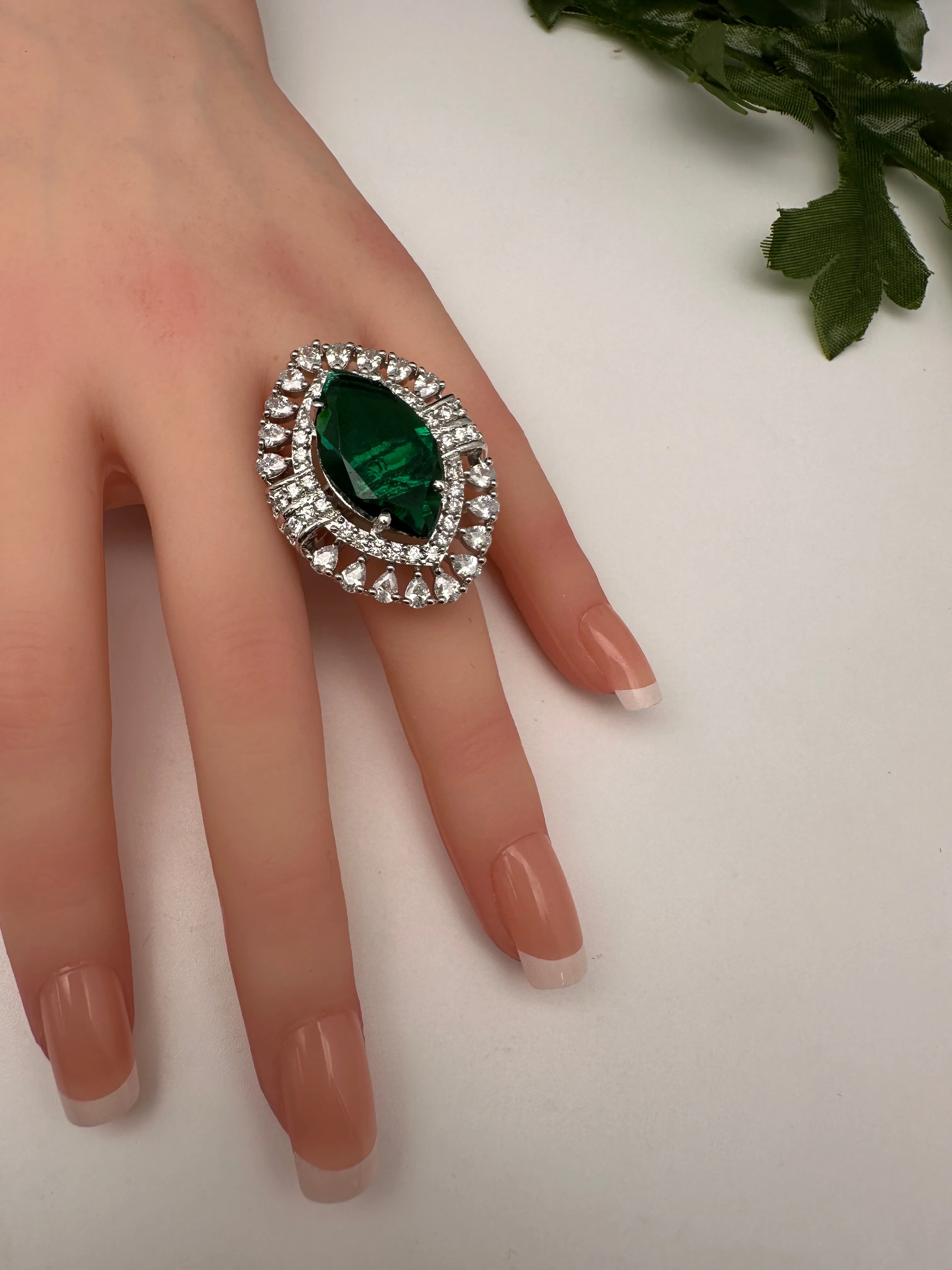 AD Silver Adjustable Color Stone Cocktail Ring