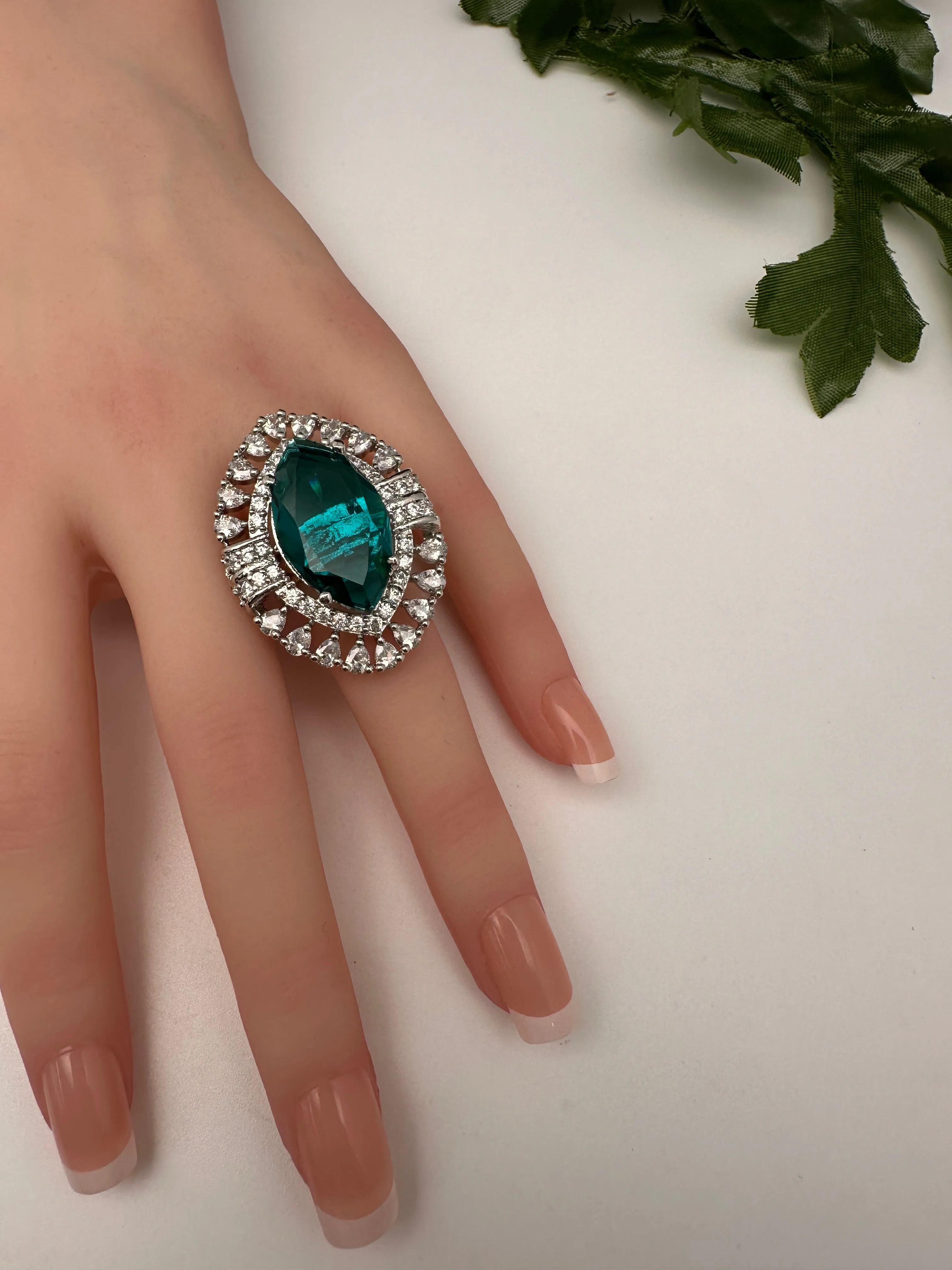 AD Silver Adjustable Color Stone Cocktail Ring