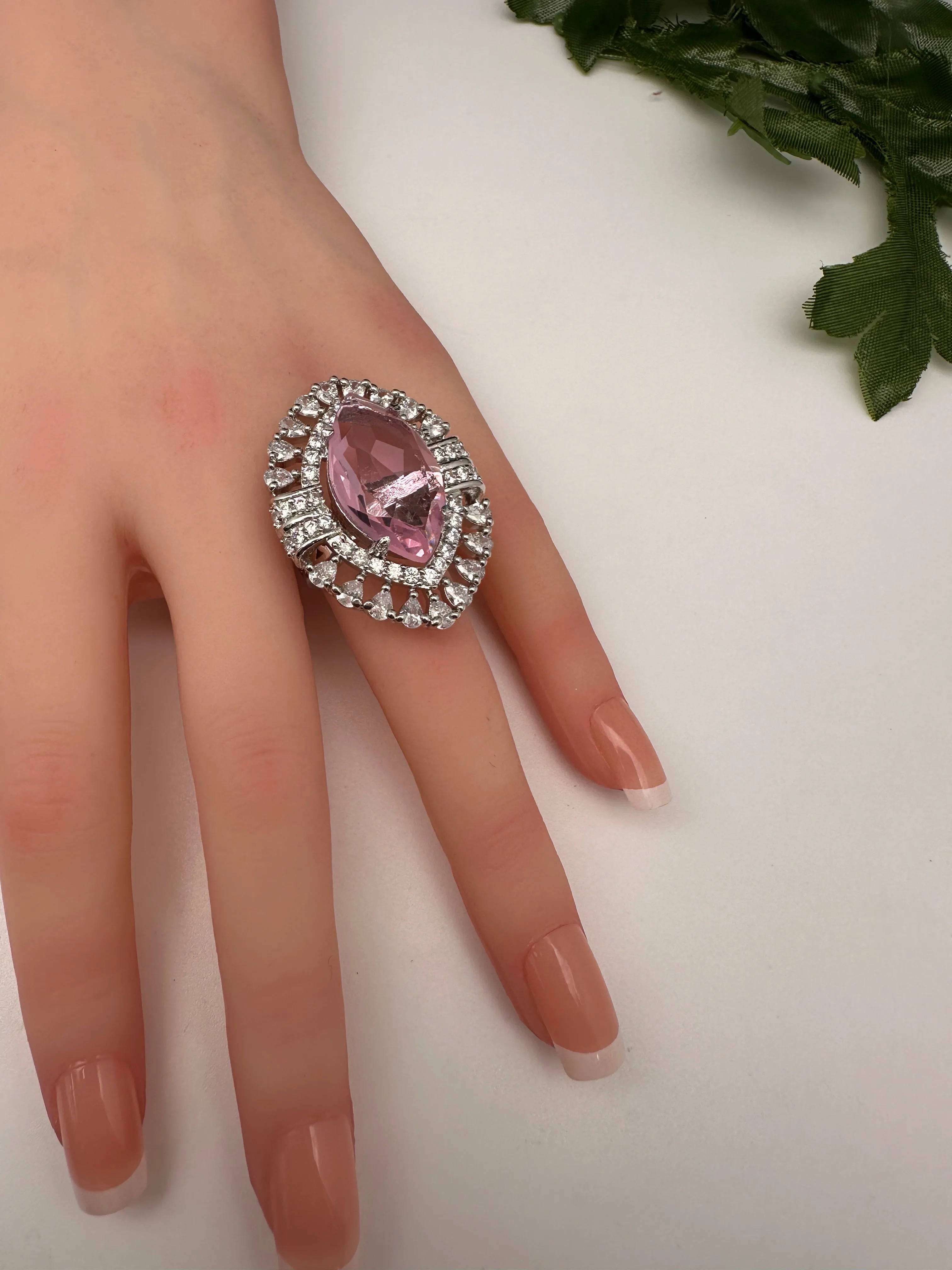 AD Silver Adjustable Color Stone Cocktail Ring