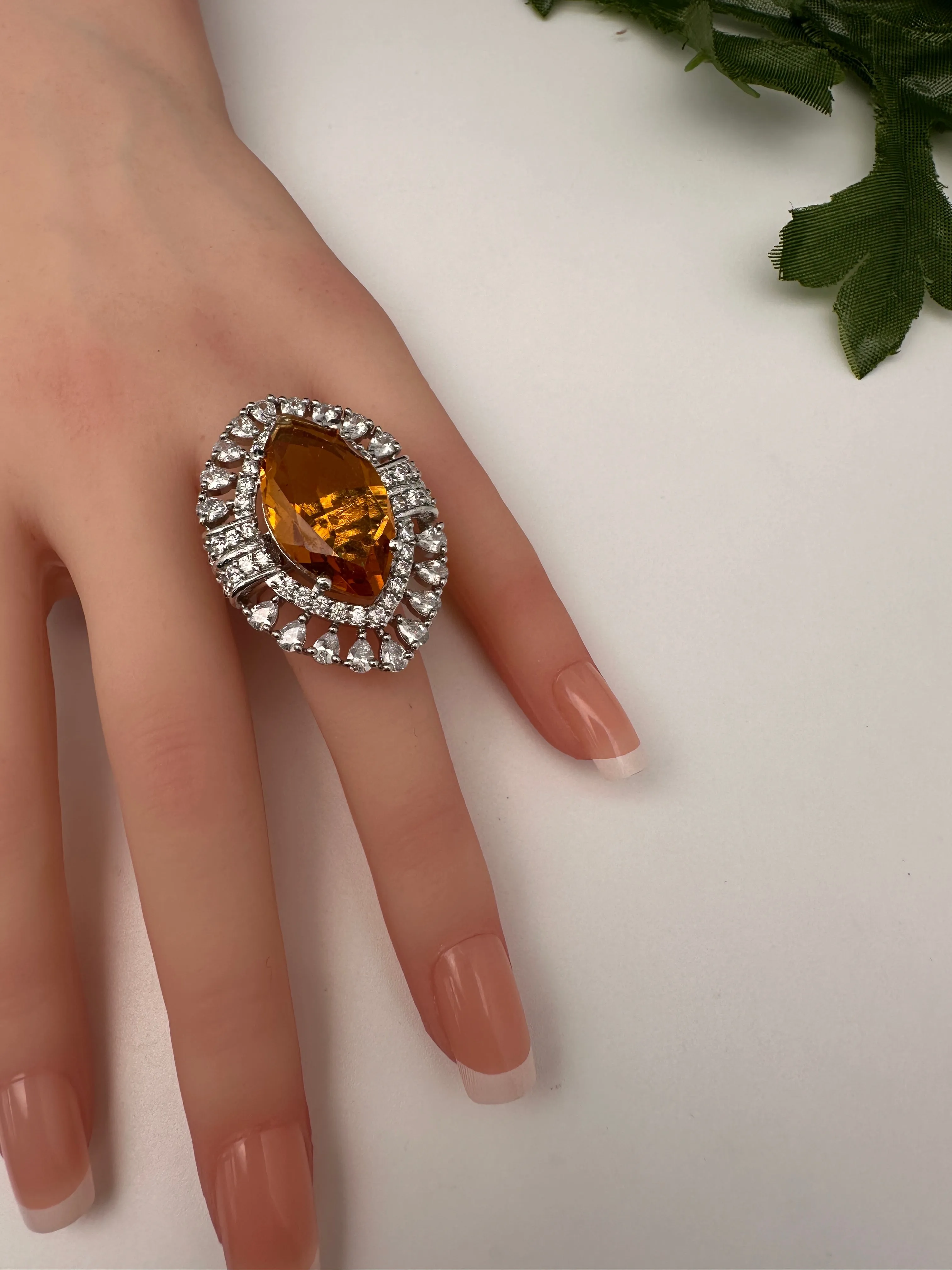 AD Silver Adjustable Color Stone Cocktail Ring