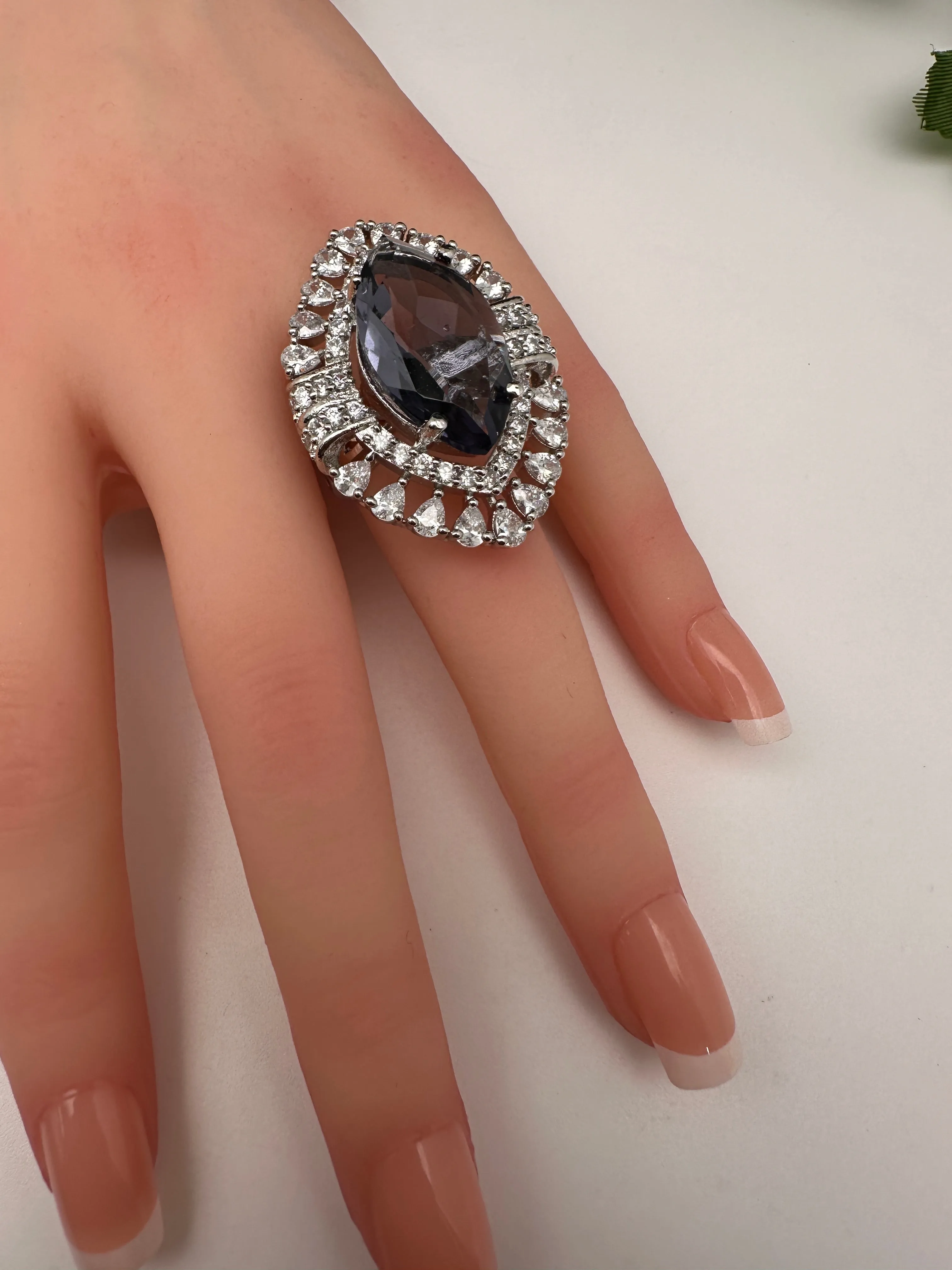 AD Silver Adjustable Color Stone Cocktail Ring