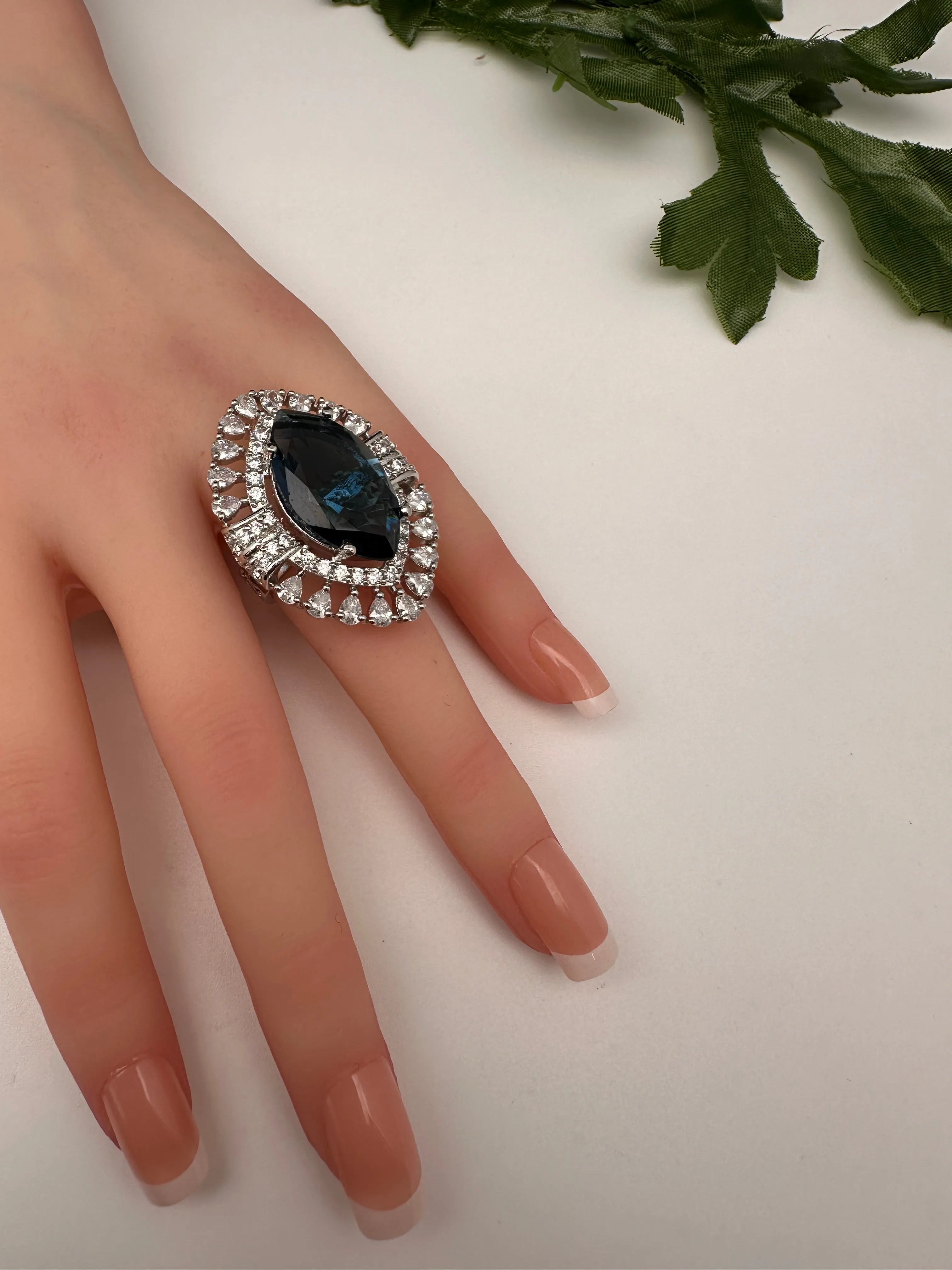 AD Silver Adjustable Color Stone Cocktail Ring