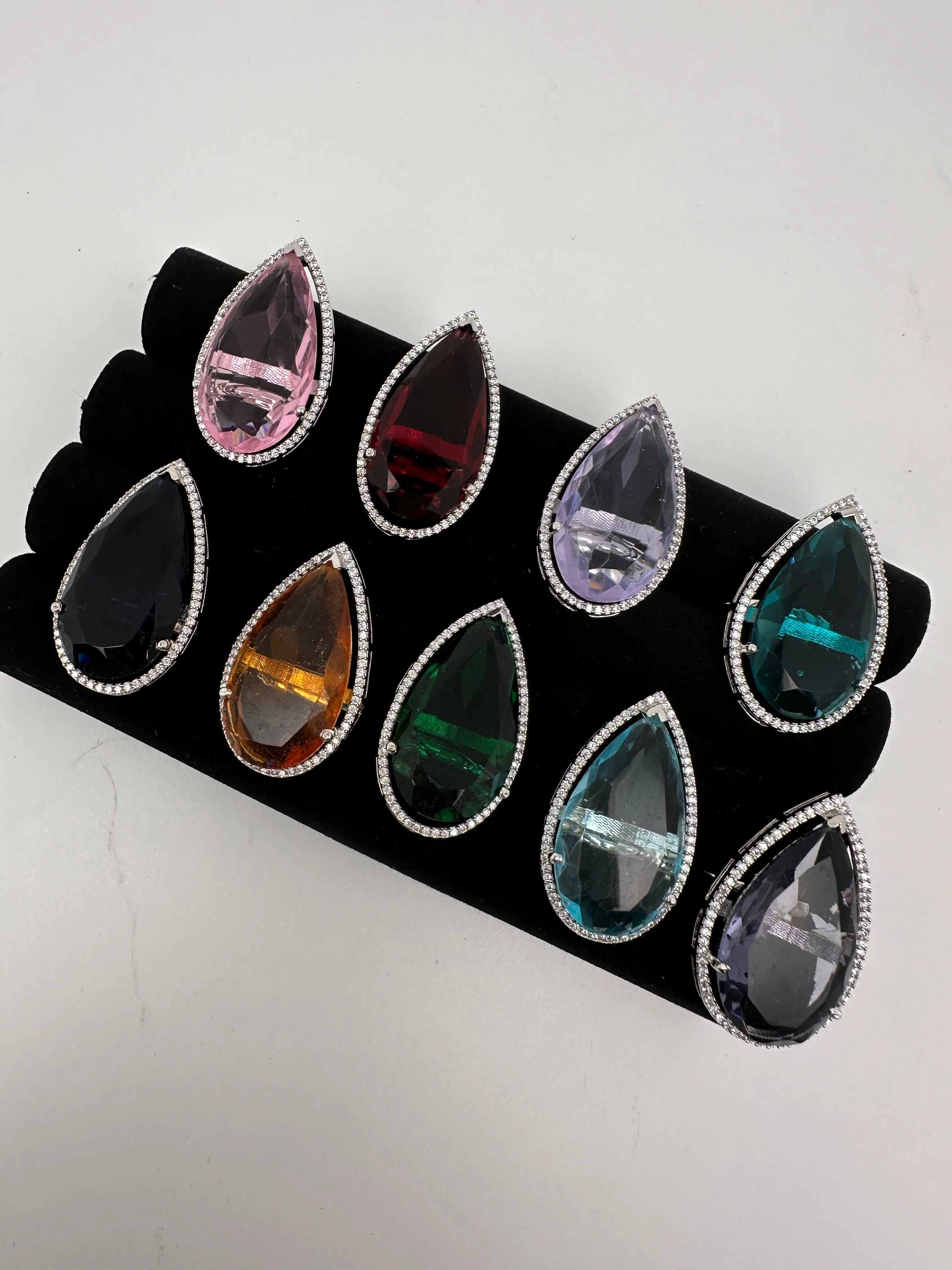 AD Silver Finish Adjustable Color Stone Cocktail Ring