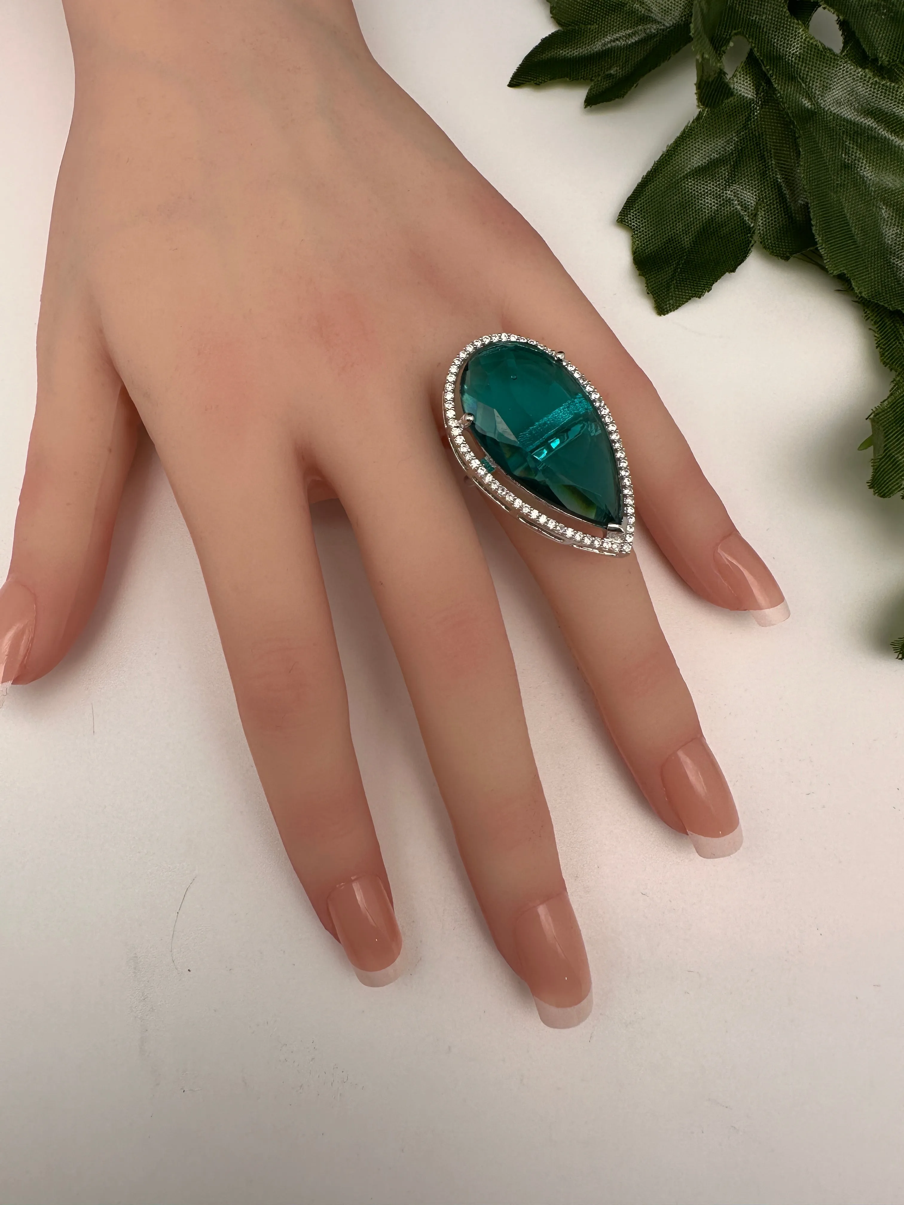 AD Silver Finish Adjustable Color Stone Cocktail Ring