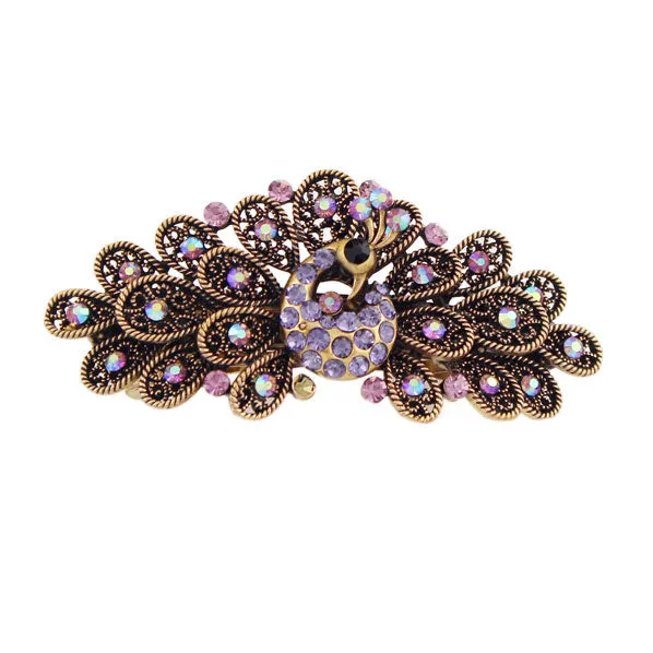 Antique Brass Rhinestone Peacock Hair Barrette