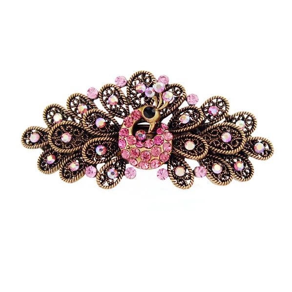 Antique Brass Rhinestone Peacock Hair Barrette