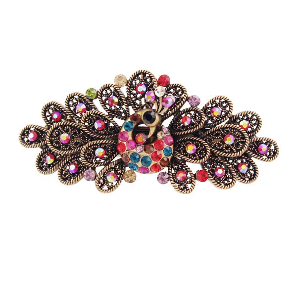 Antique Brass Rhinestone Peacock Hair Barrette