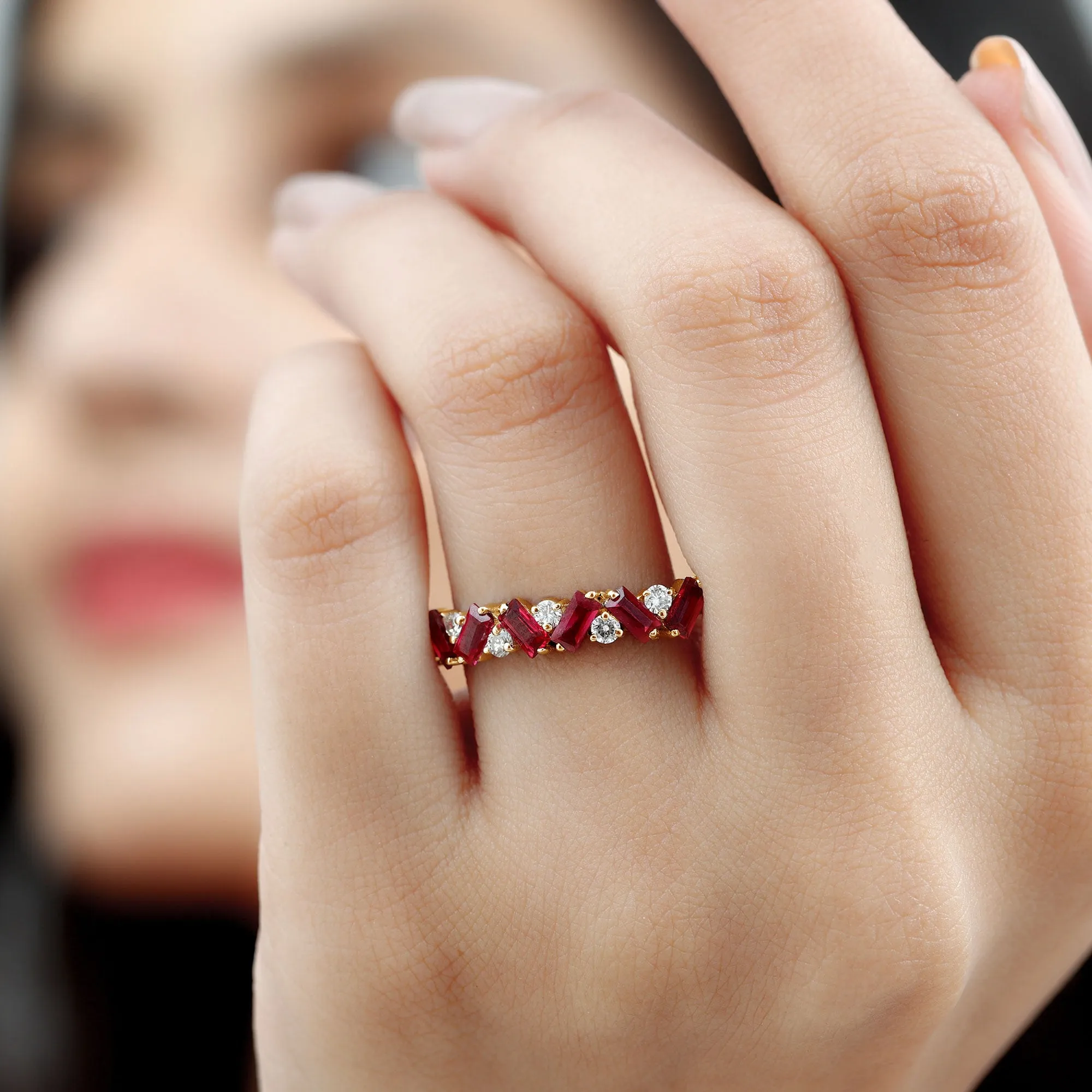 Baguette Shape Lab Grown Ruby Half Eternity Ring with Moissanite