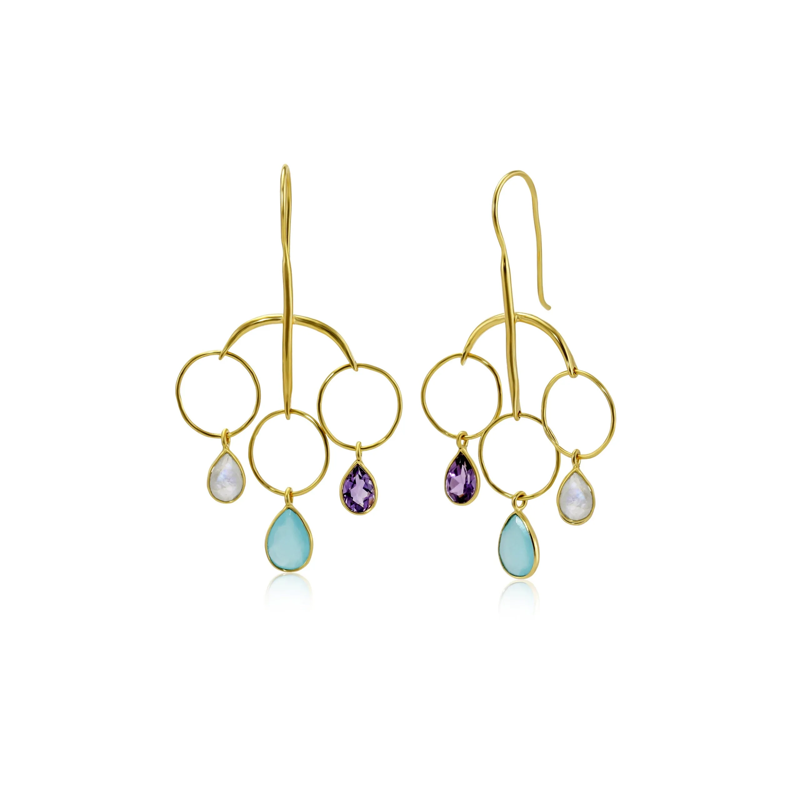 Banyan Rainbow Moonstone, Aqua Chalcedony and Amethyst Statement Drop Earrings