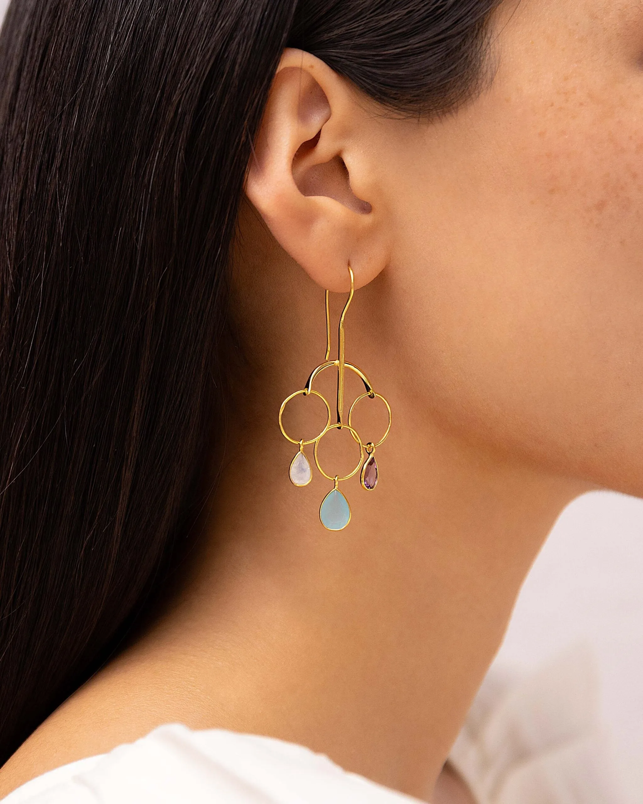 Banyan Rainbow Moonstone, Aqua Chalcedony and Amethyst Statement Drop Earrings