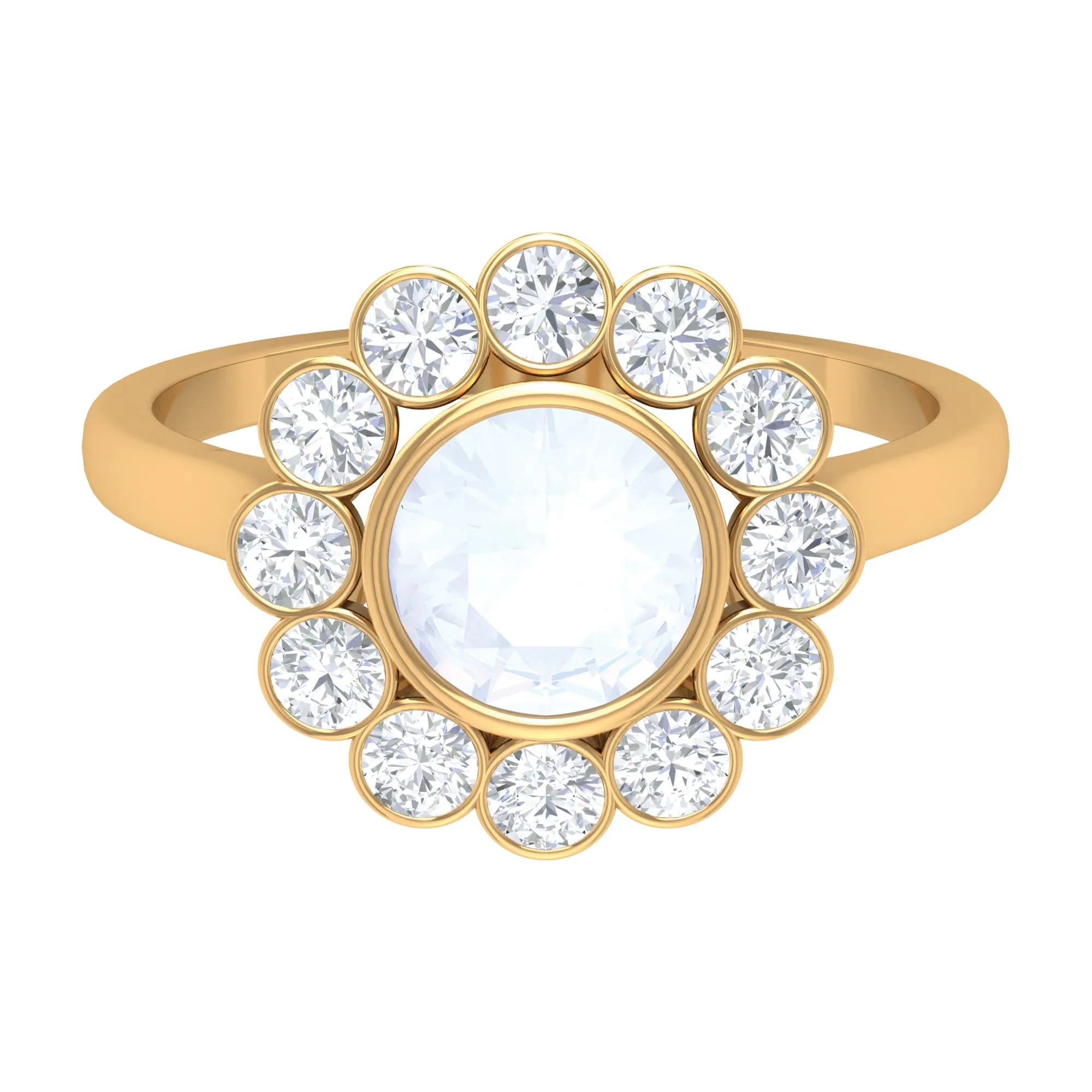 Bezel Set Moonstone Statement Engagement Ring with Diamond Halo