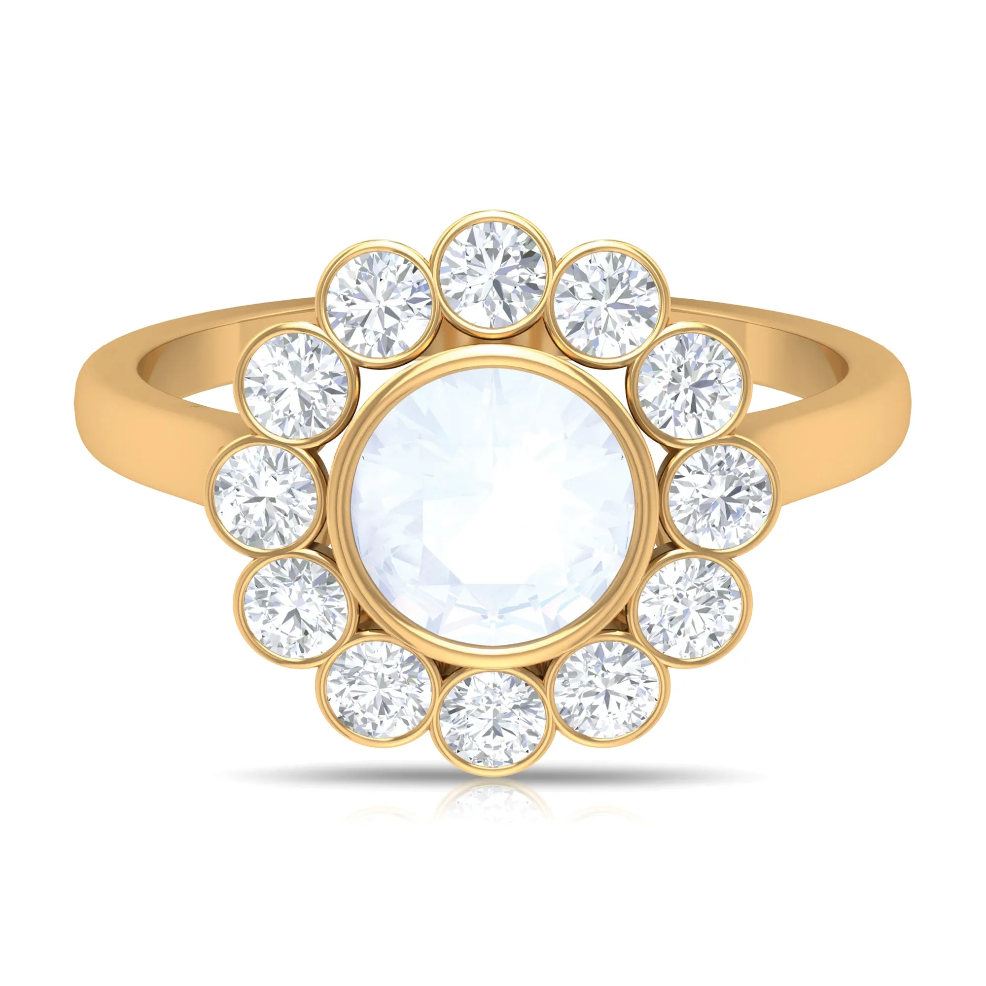 Bezel Set Moonstone Statement Engagement Ring with Diamond Halo