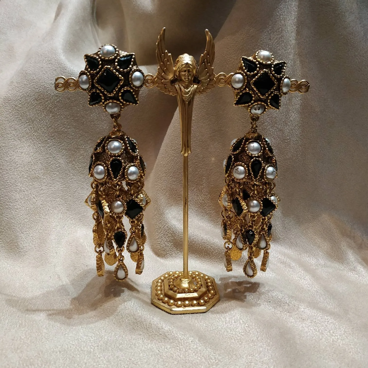 Black pearl chandelier clip on earring by Satellite