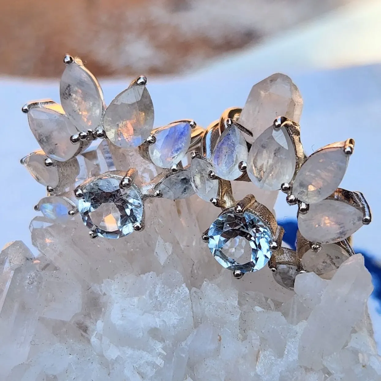 BLUE MOON FLOWER - AQUAMARINE & MOONSTONE 925 RING