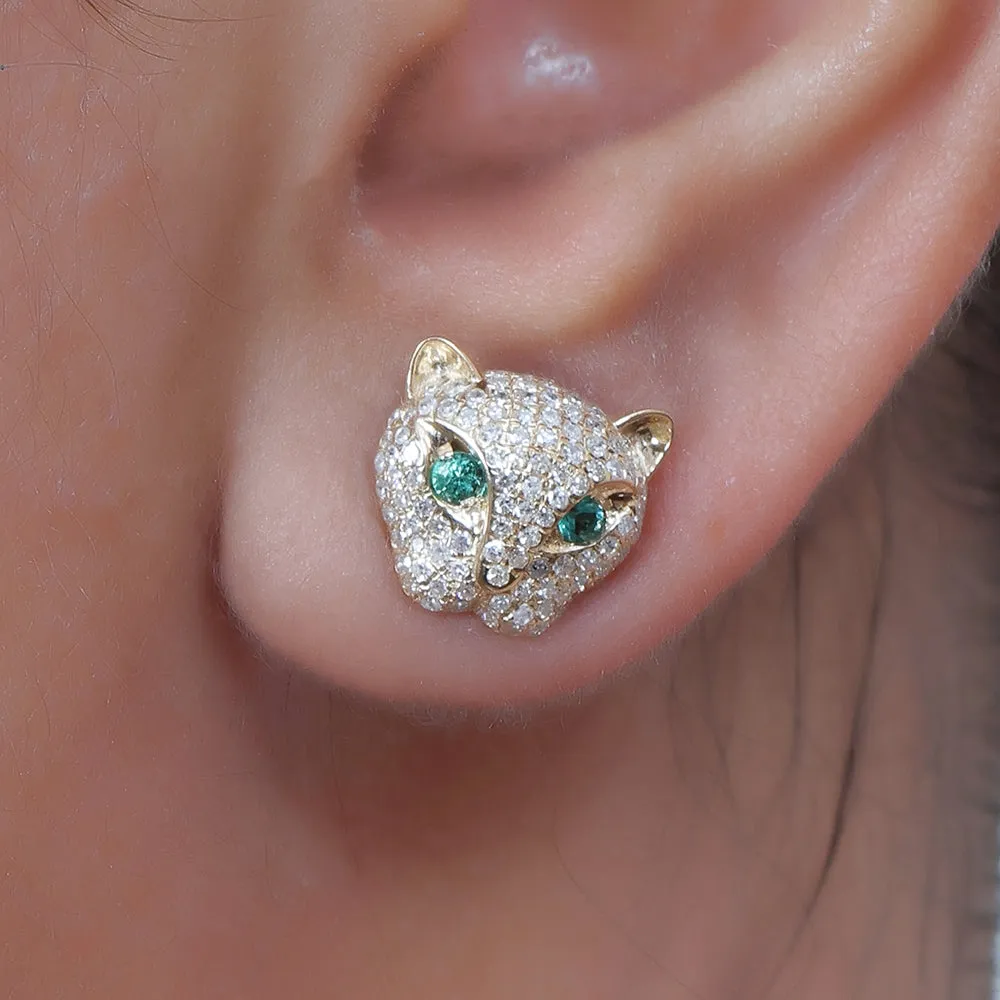 Diamond Leopard Studs With Emerald Eye
