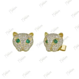 Diamond Leopard Studs With Emerald Eye
