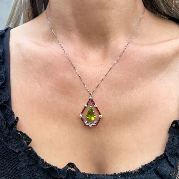 Edwardian Peridot, Garnet & Diamond Pendant Necklace