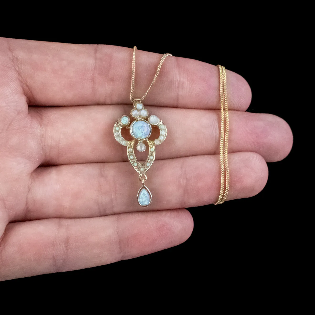 Edwardian Style Opal Pendant Necklace 18ct Gold On Sterling Silver