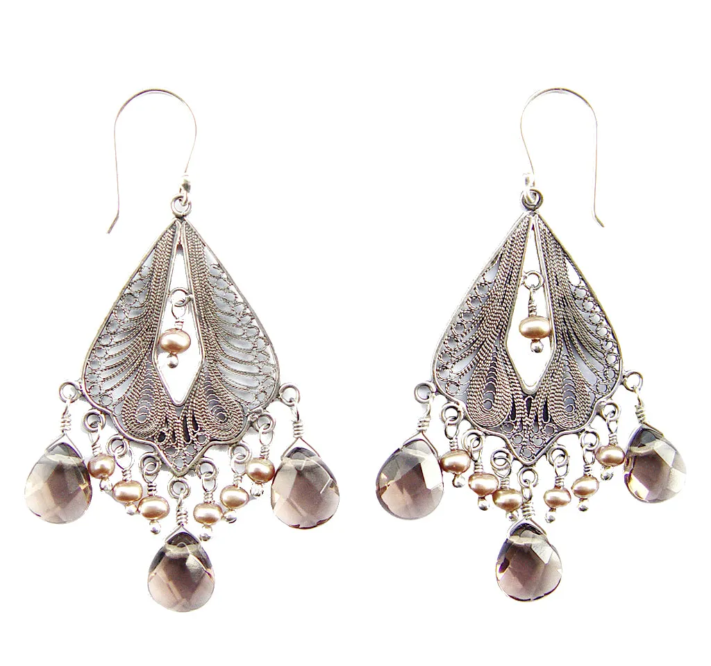 Flow Chandelier Earrings w/Smokey Topaz and cream pearls