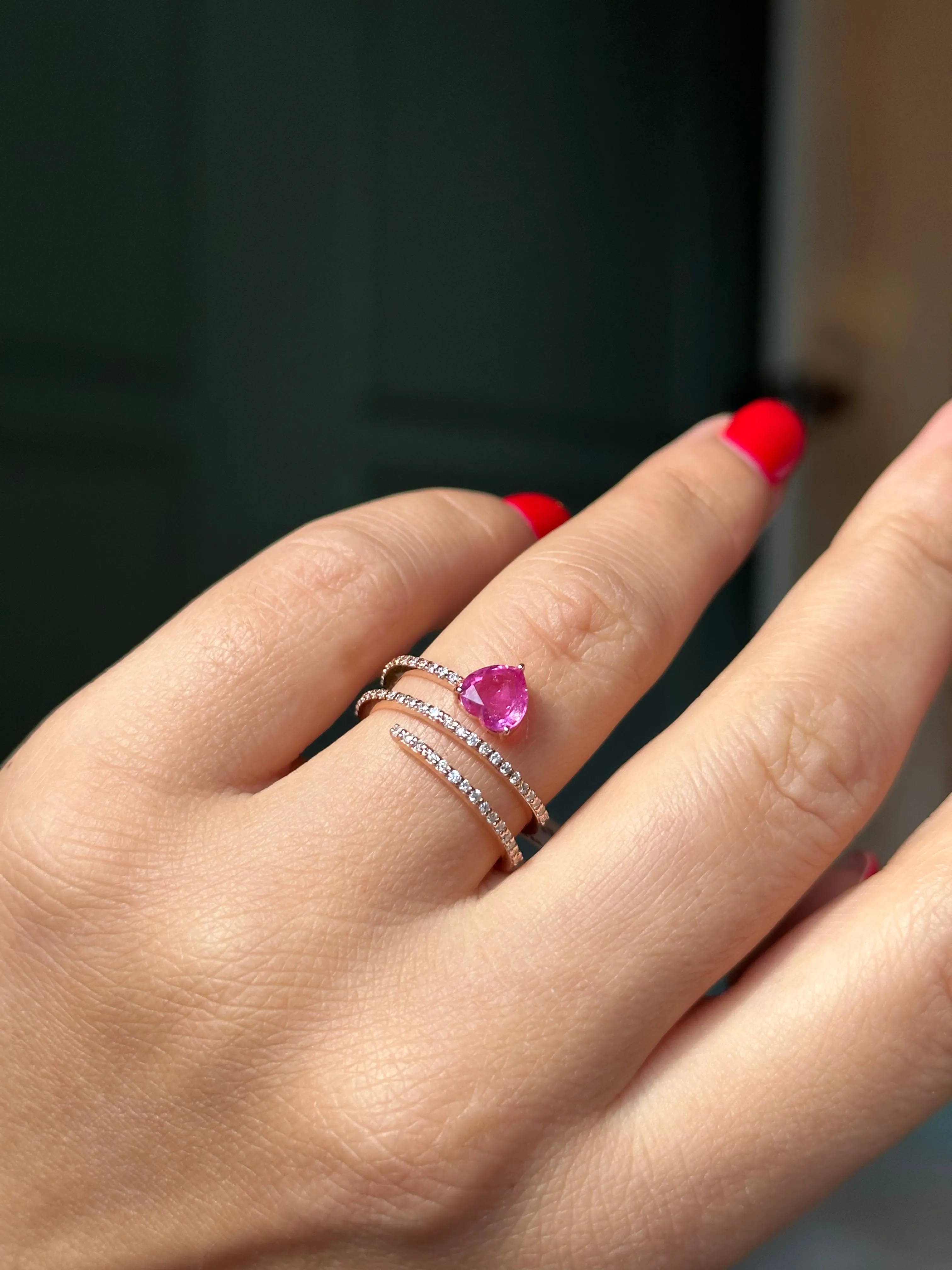 Heart Sapphire and Diamonds wrap around cocktail ring