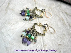 Juicy Gemstone Chandelier Earrings, Purple & Green, Moon & Stars