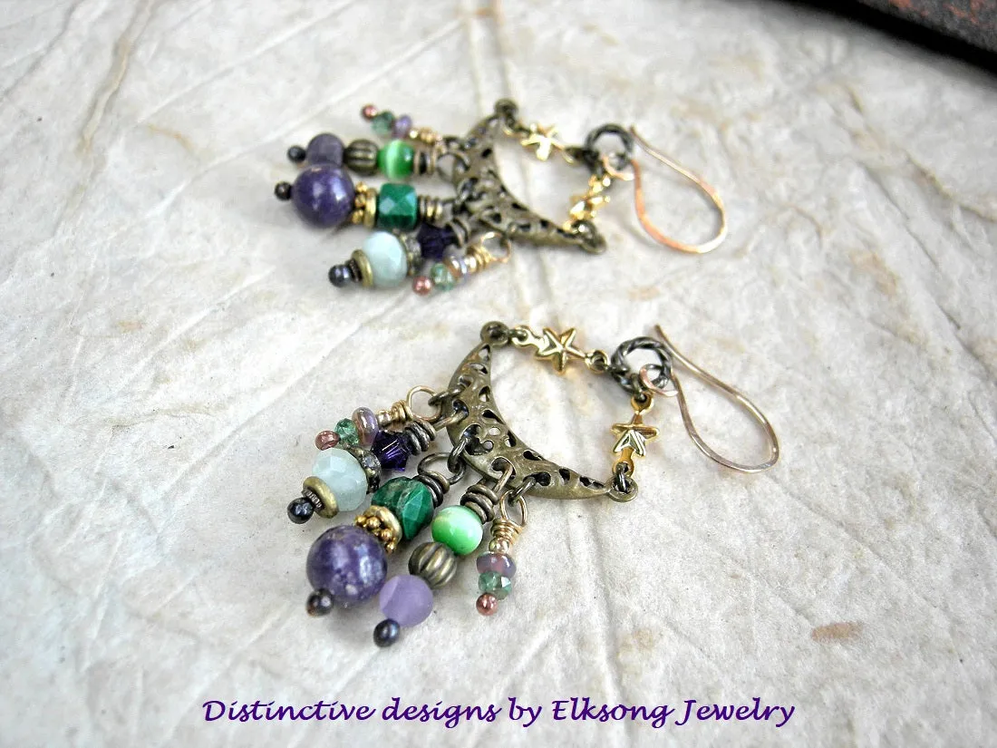 Juicy Gemstone Chandelier Earrings, Purple & Green, Moon & Stars