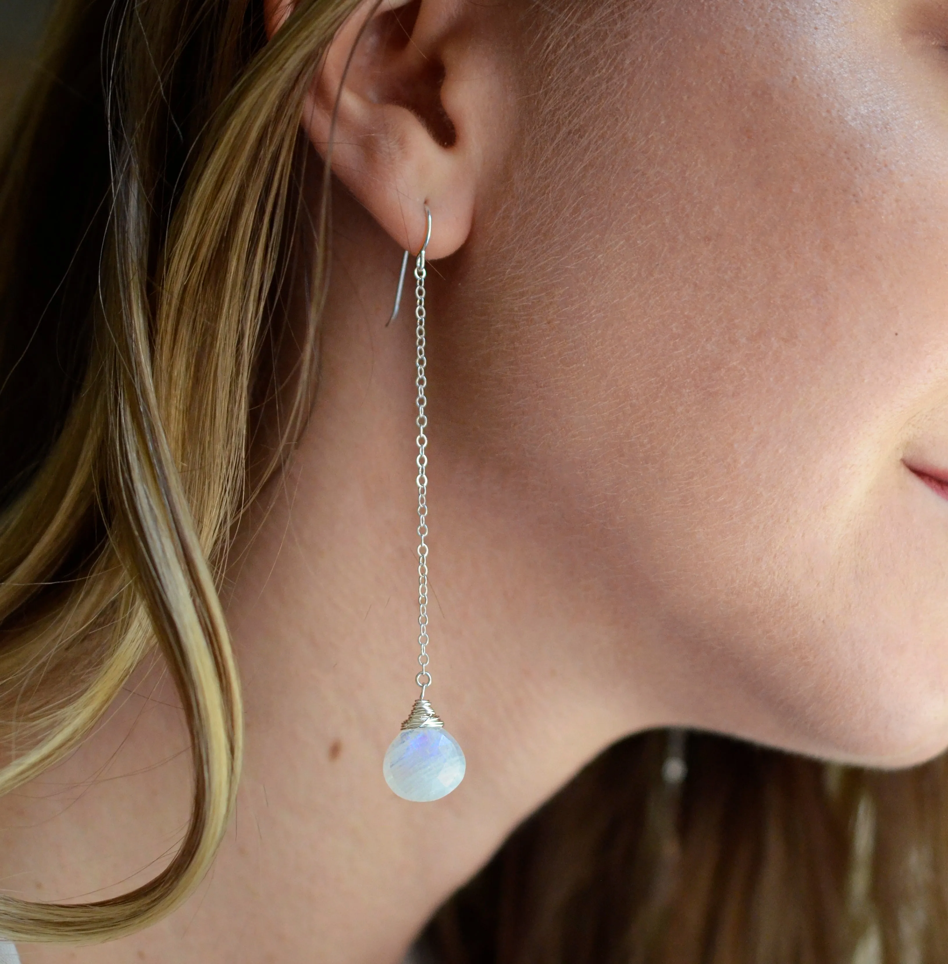 Long Rainbow Moonstone Dangle Chain Earrings