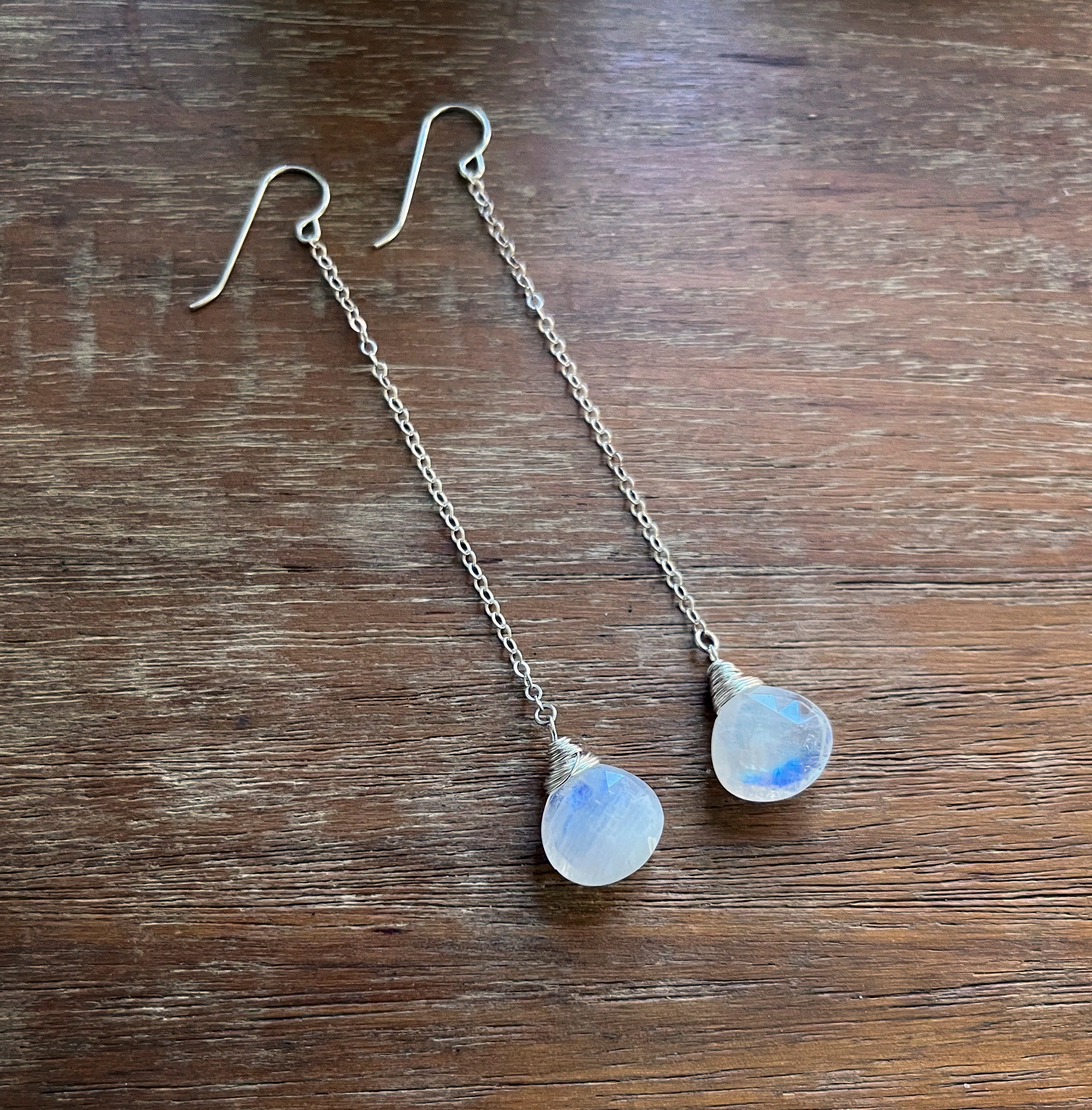 Long Rainbow Moonstone Dangle Chain Earrings