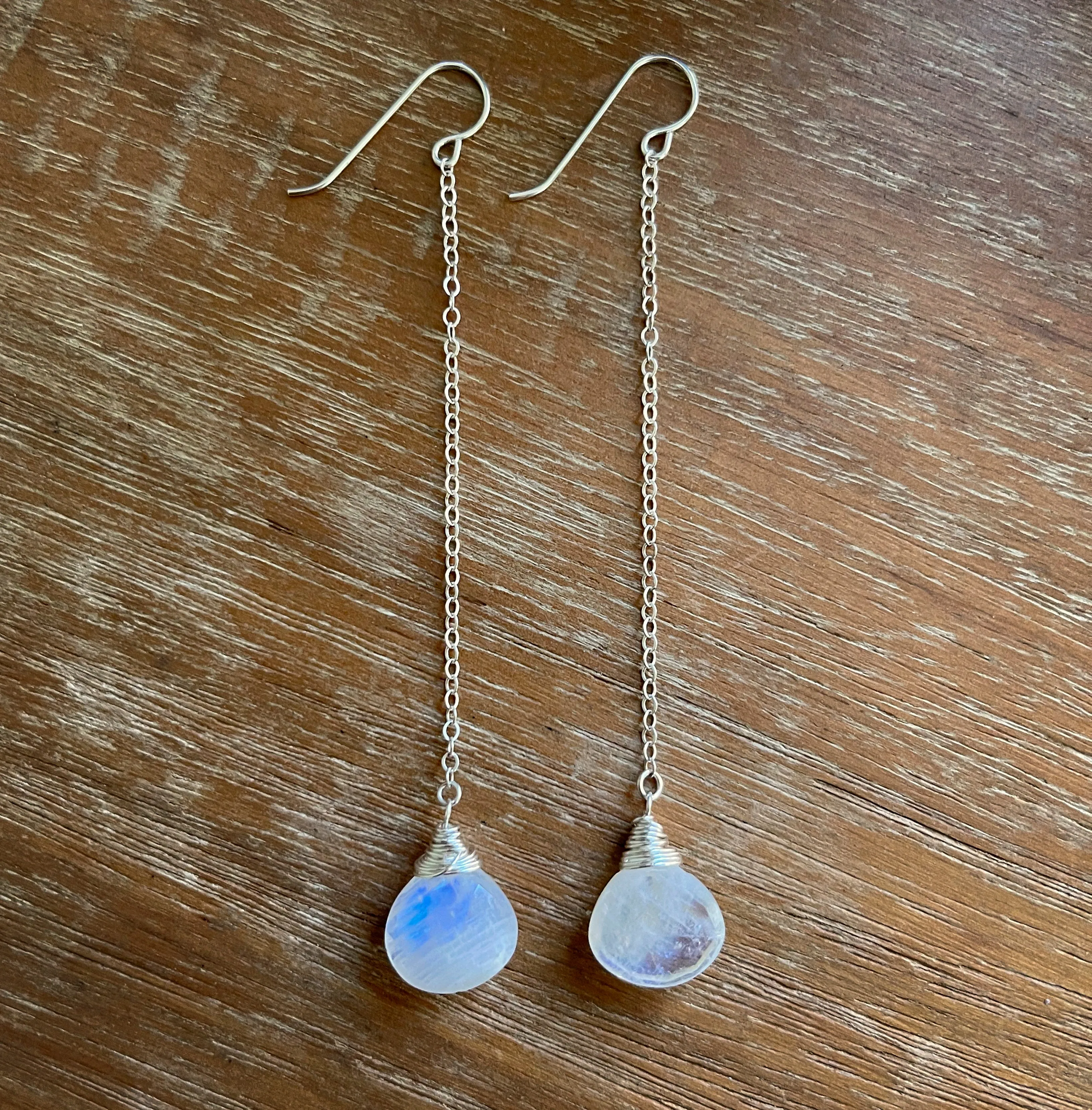 Long Rainbow Moonstone Dangle Chain Earrings