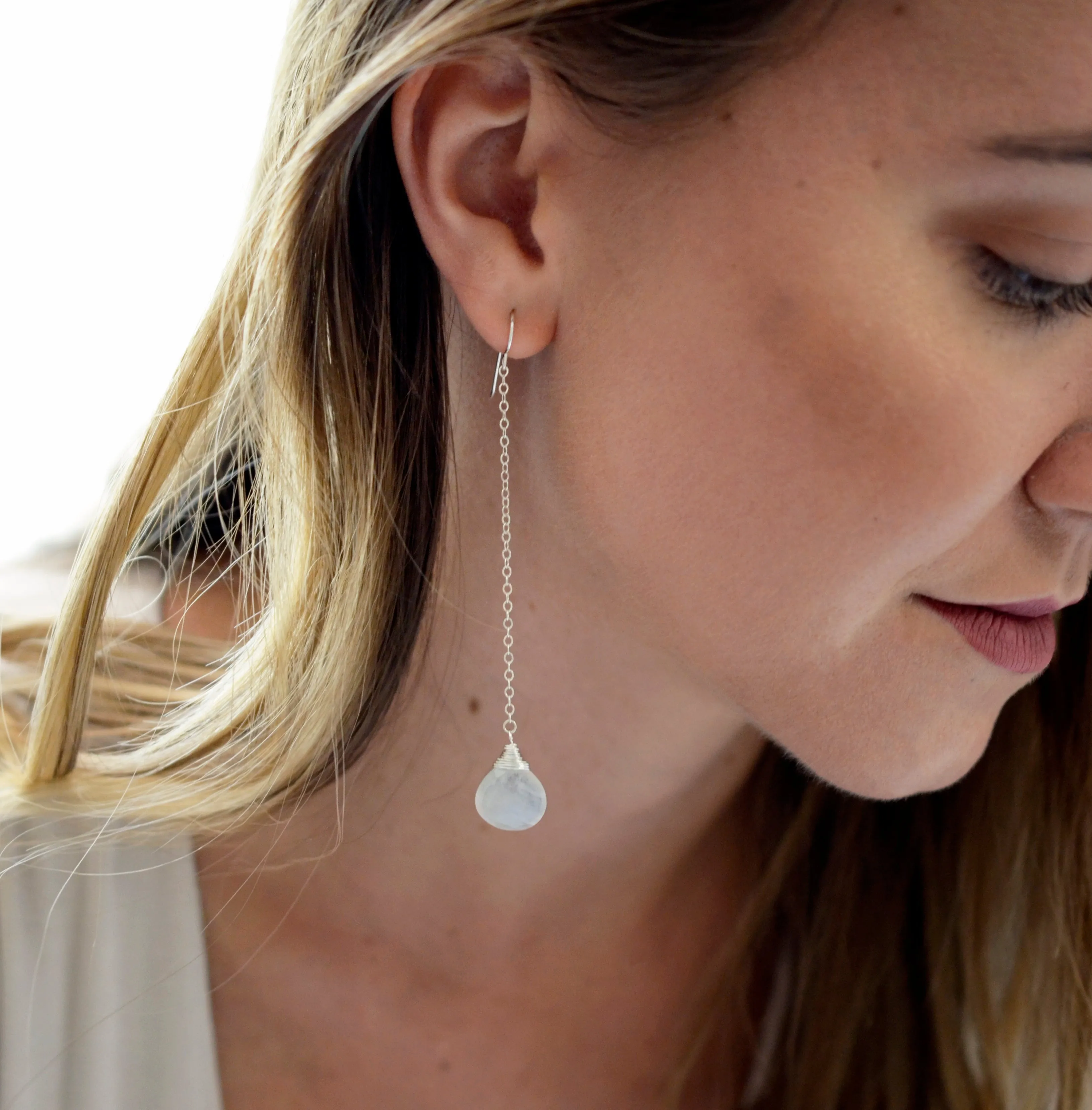 Long Rainbow Moonstone Dangle Chain Earrings