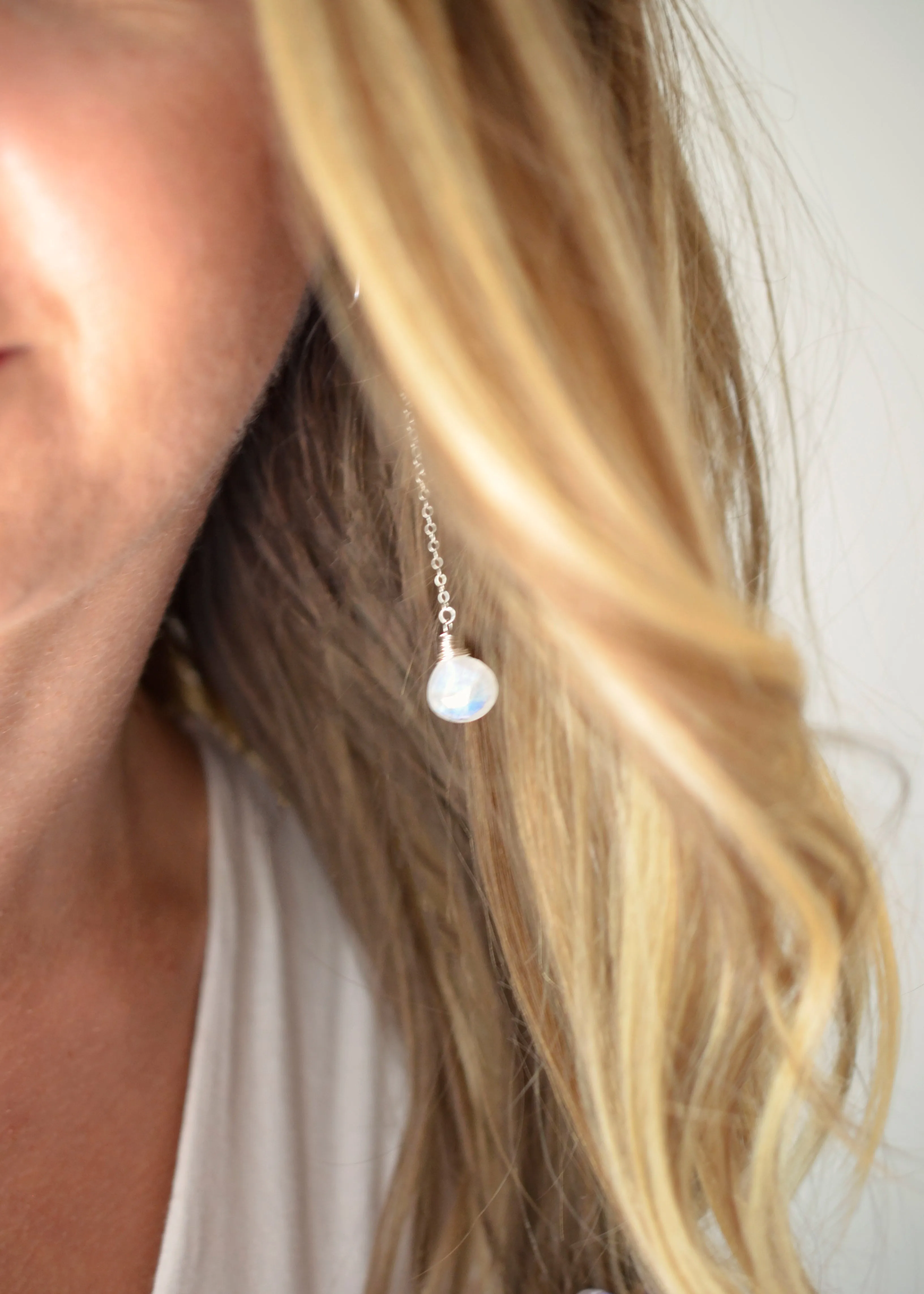 Long Rainbow Moonstone Dangle Chain Earrings