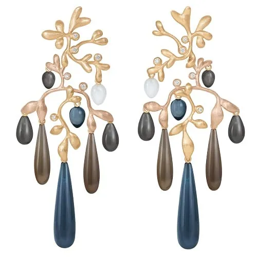 Ole Lynggaard Gipsy Earrings London Blue Topaz, White Moonstone, Smoke Quartz & Diamond