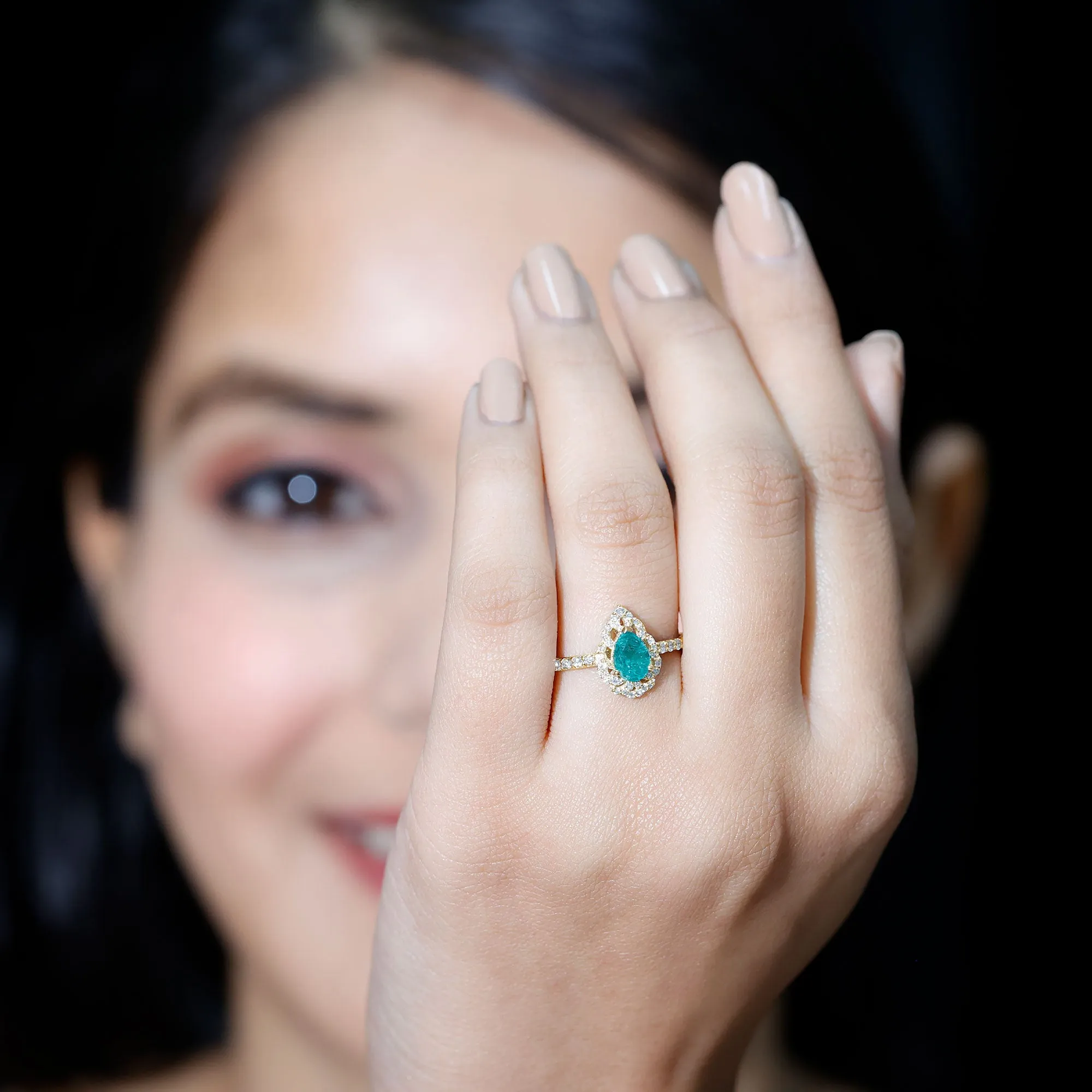 Pear Shaped Emerald Cocktail Ring with Diamond