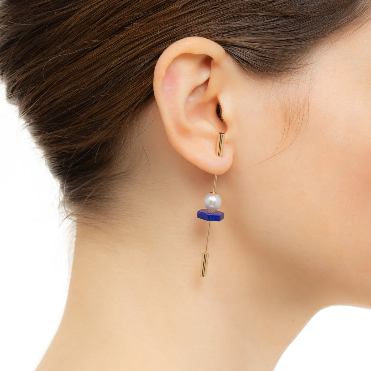 "Spear" Earring, Pearl & Lapis Lazuli