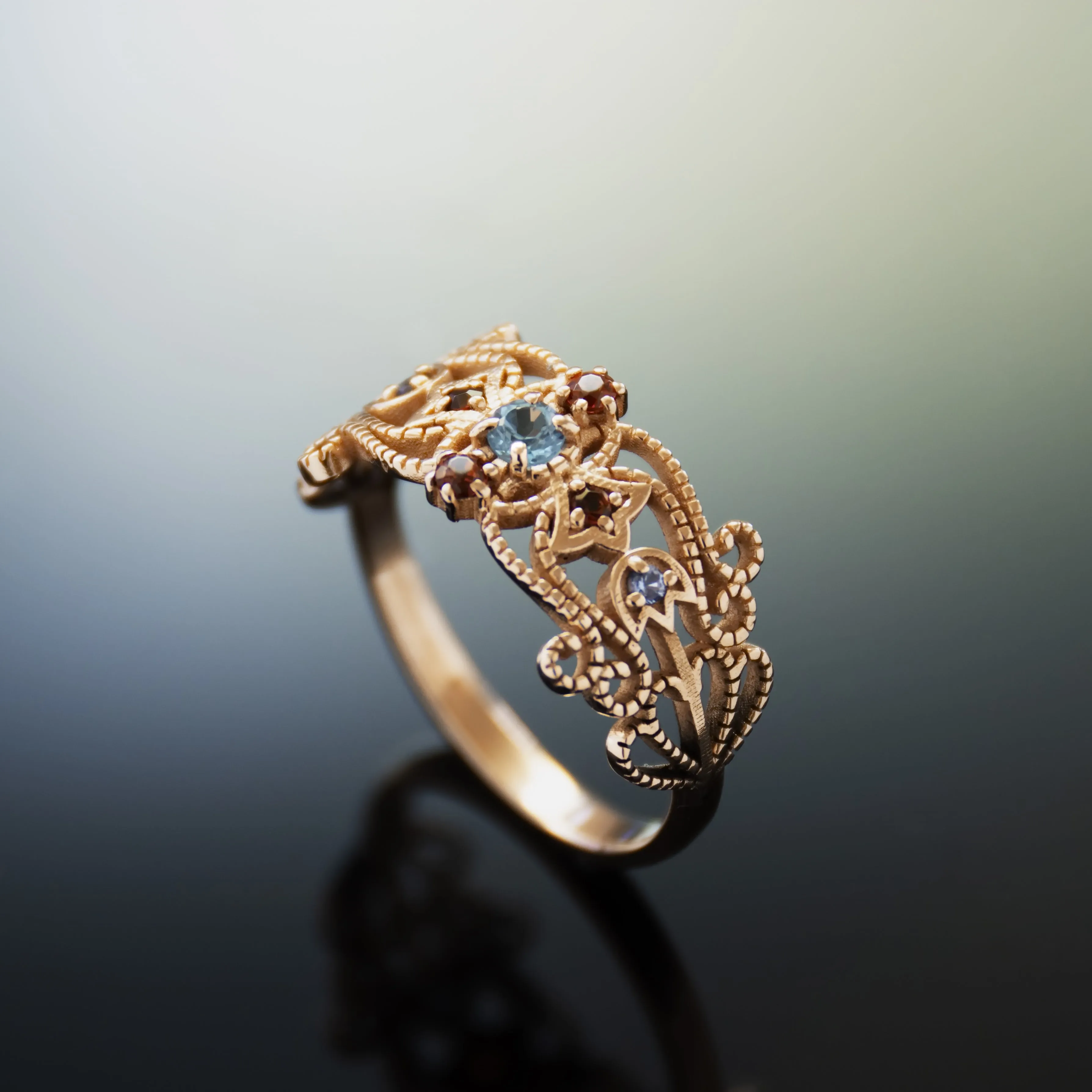 RG1918A Ornate Garnet And Blue Topaz Cocktail Ring In Rose Gold Setting, Vintage Ring