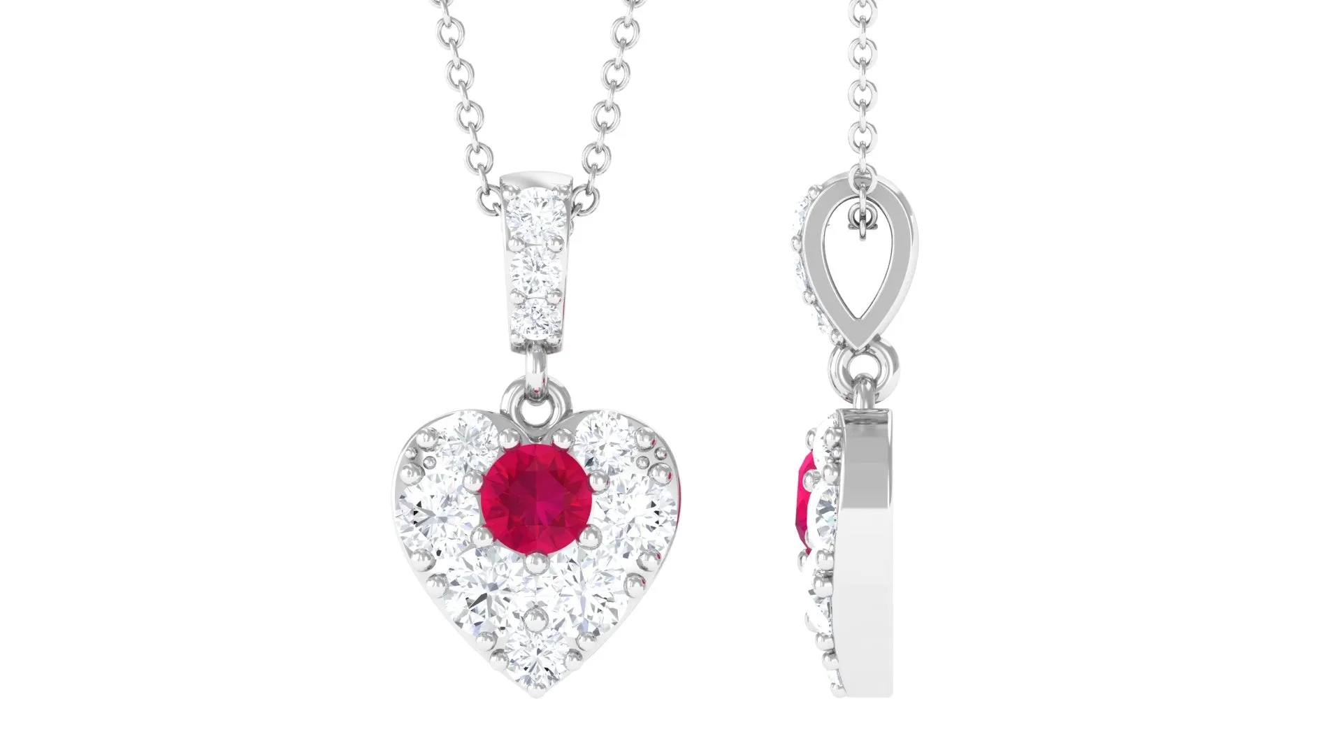 Round Ruby and Moissanite Heart Pendant with Decorative Bail