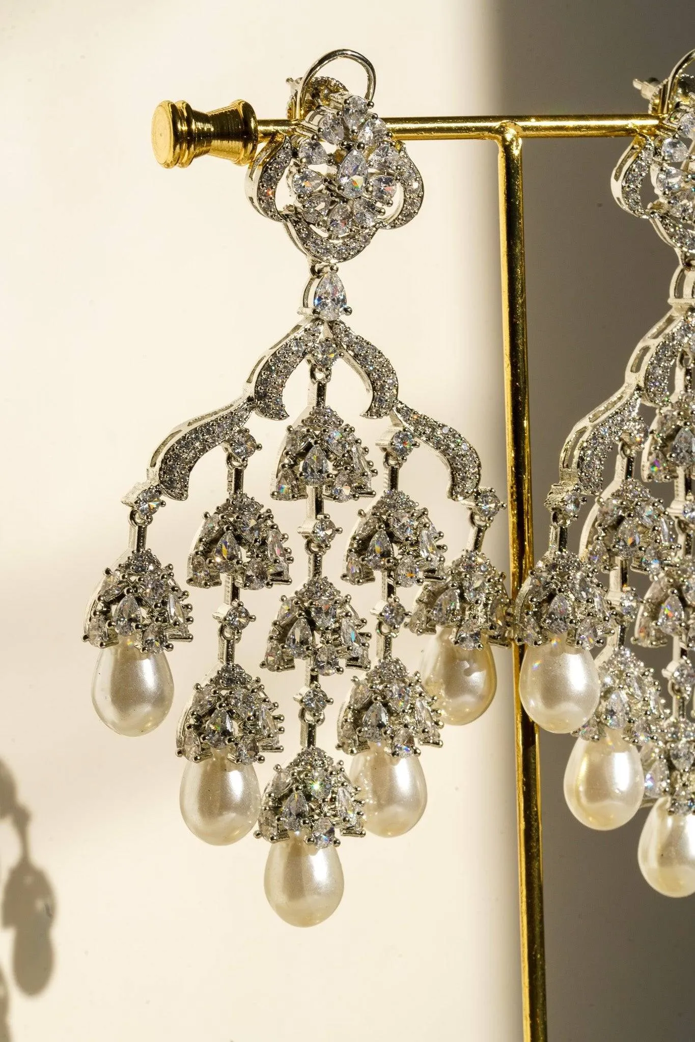 Sahara Chandelier Earrings - Rhodium-Plated with Pearl Accents
